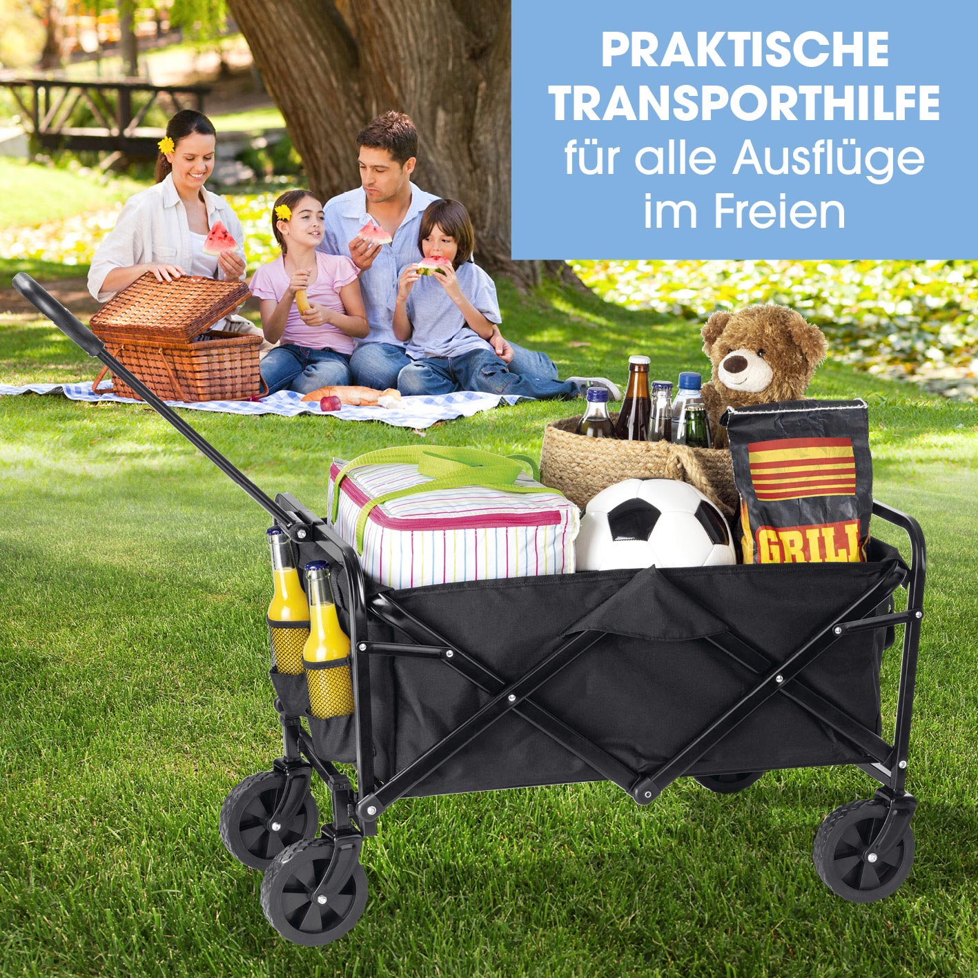 Bollerwagen mit kleinen Rädern - faltbar, stabiler Stahlrahmen, 360° drehbare Vorderräder, ideal für Ausflüge im Freien.