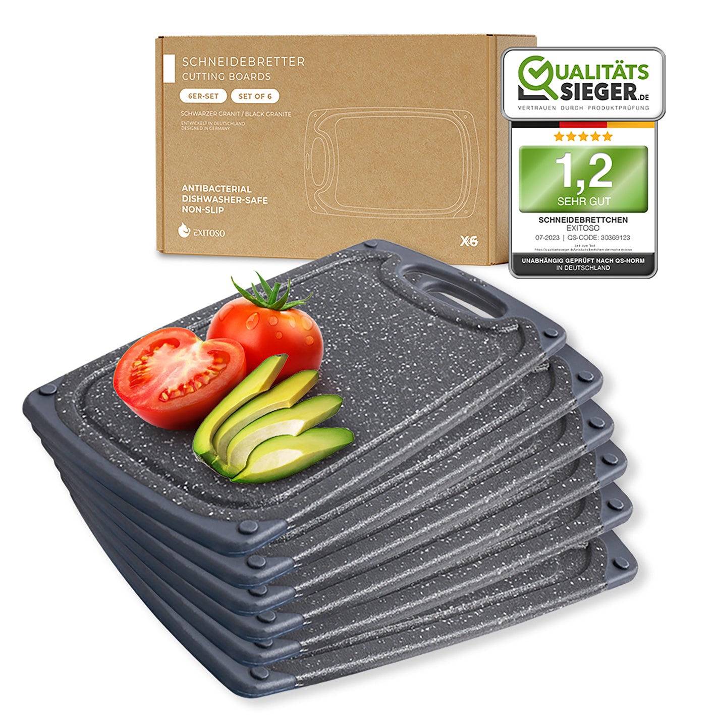 Frühstücksbrettchen - 6er-Set - Marmoroptik Schwarz, rutschfest, spülmaschinengeeignet, BPA-frei, vielseitig für Frühstück und Schneiden.