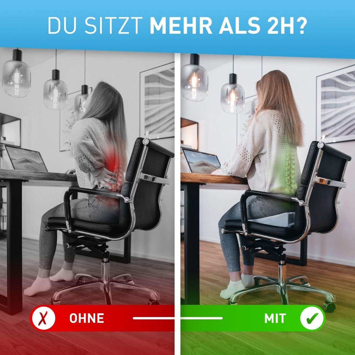 Vergleich ohne und mit Stuhl-Keilkissen mit Samtbezug - Blau für mehr Sitzkomfort und gesunde Haltung im Homeoffice oder Büro.