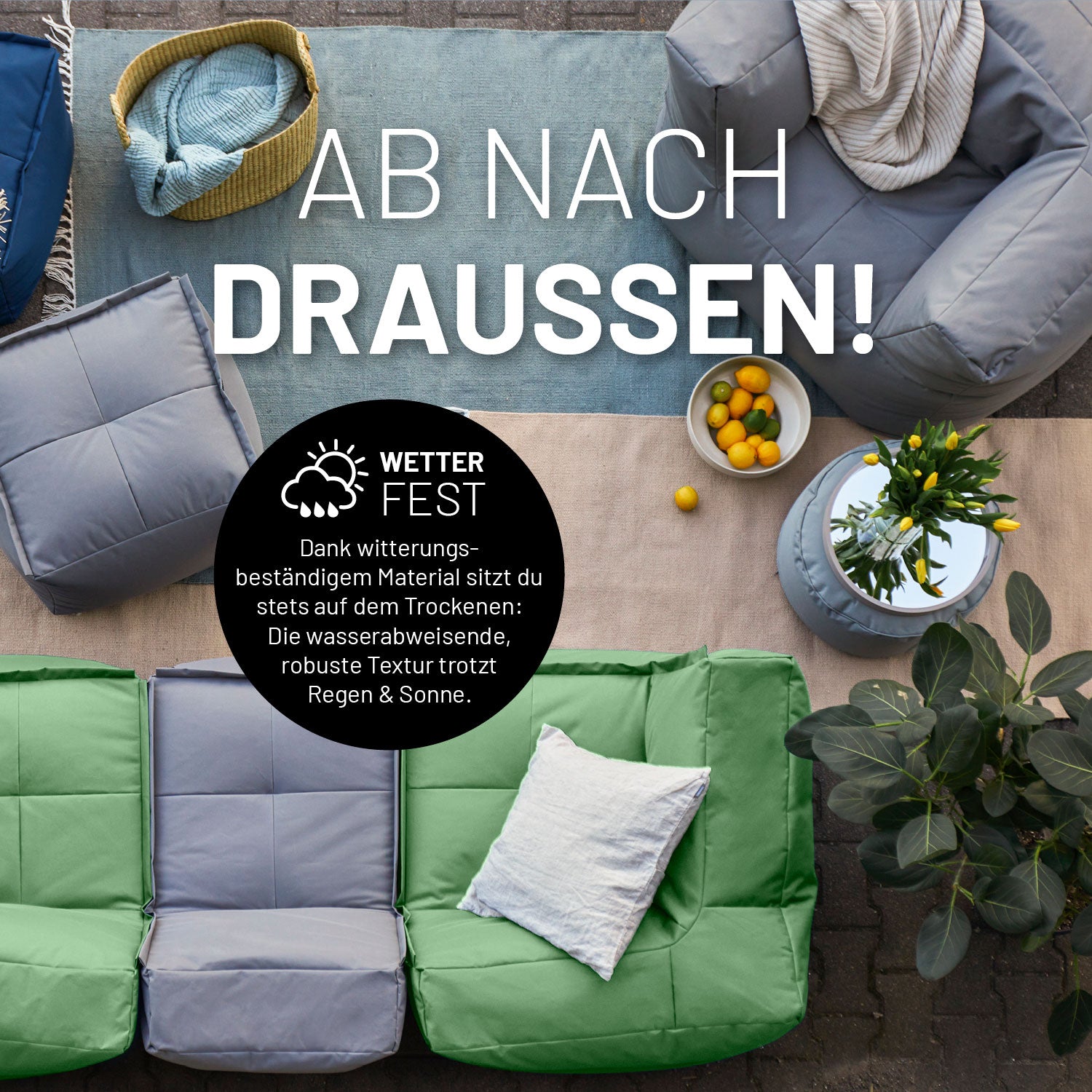 Sitzsack-Sofa Ecke (340 L) - Modulares System - indoor & outdoor - Pastell Grün mit wetterfestem Material und robustem Design für draußen und drinnen.