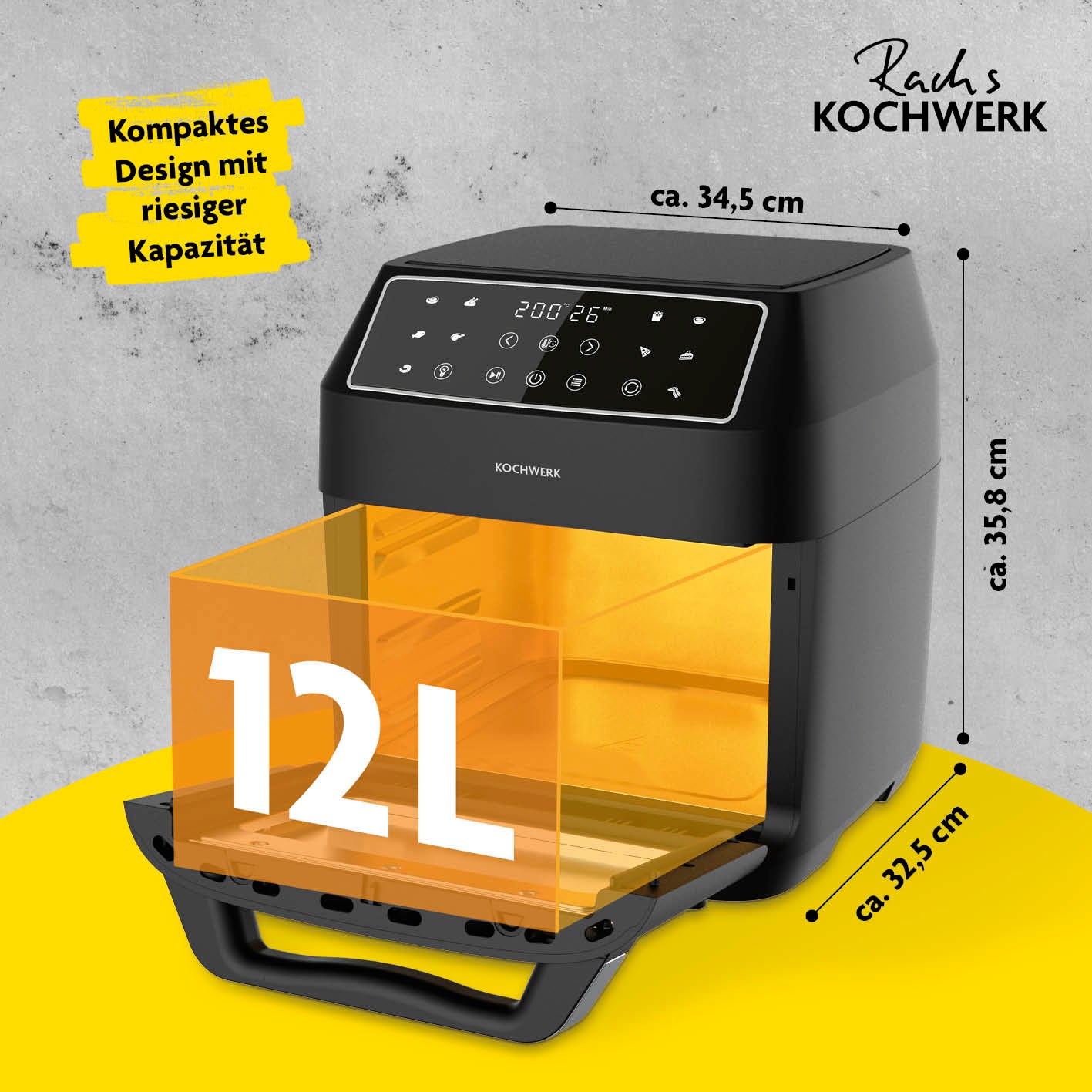 Heißluft-Ofen Digital 12l 1700W mit Touchdisplay, großem Fassungsvermögen und vielseitigen Funktionen zum Frittieren, Grillen und Backen.