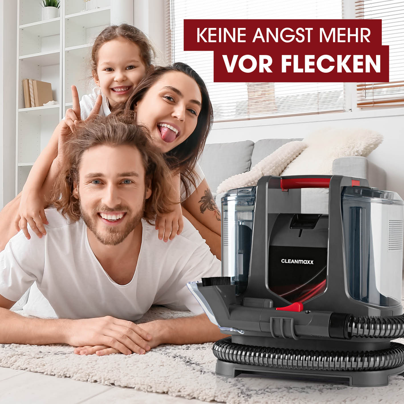 Polster- & Teppichreiniger von CLEANmaxx mit Dual-Tank und Bürstendüse für gründliche Teppich- und Polsterreinigung zu Hause.