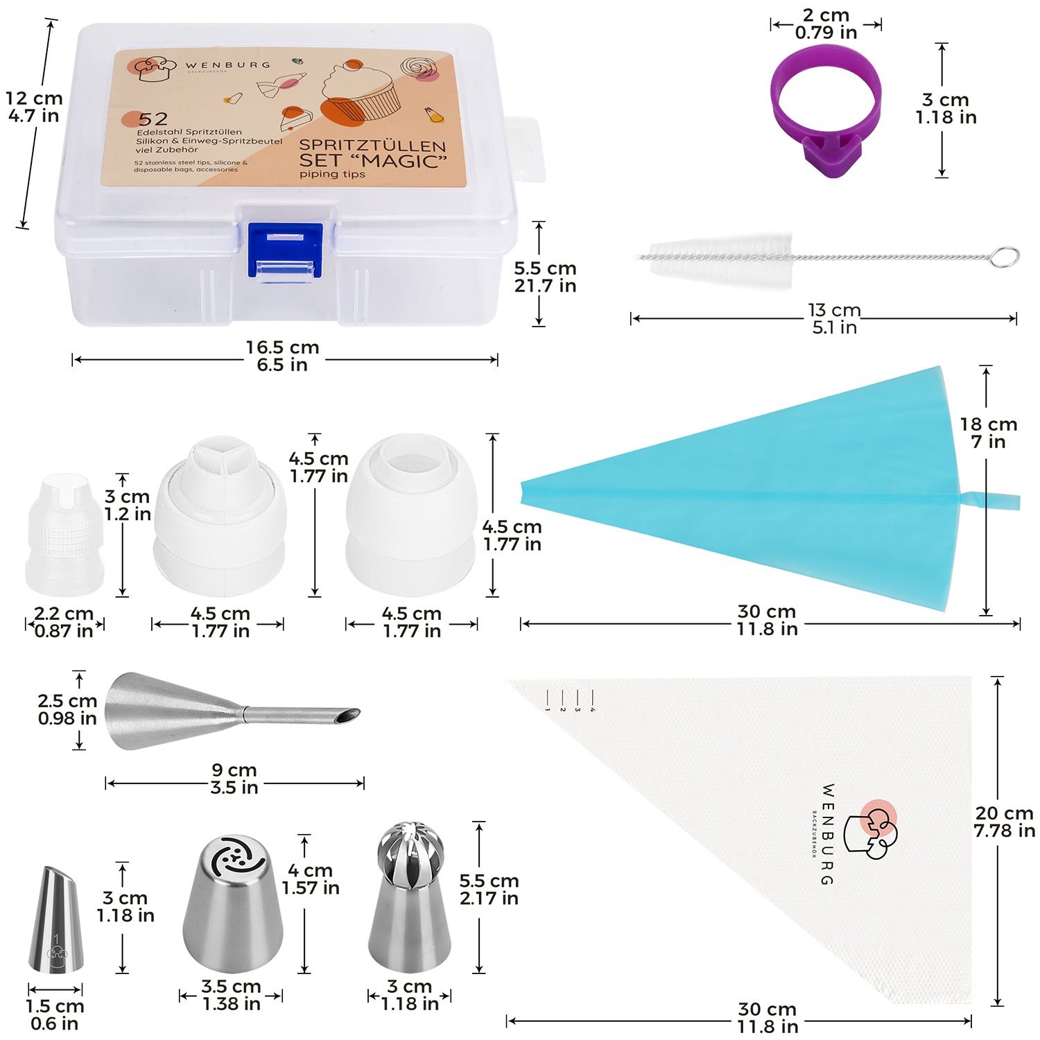Spritzbeutel-Set mit Tüllen - 100-tlg. mit 52 Edelstahltüllen, 41 Spritzbeuteln, Adapter, Bürste und Aufbewahrungsbox für Tortendekor.