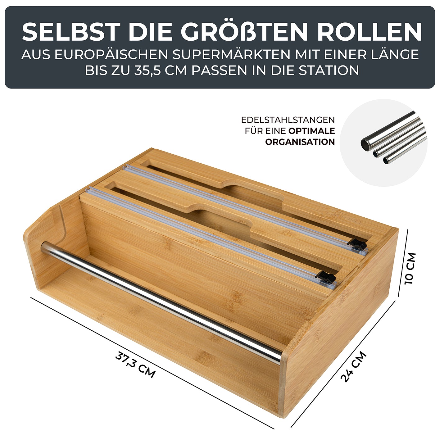 3 in 1 Folienschneider + Wandrollenhalter + Frischhaltefolienspender aus Holz mit Edelstahlstäben für bis zu 35,5 cm Rollen.