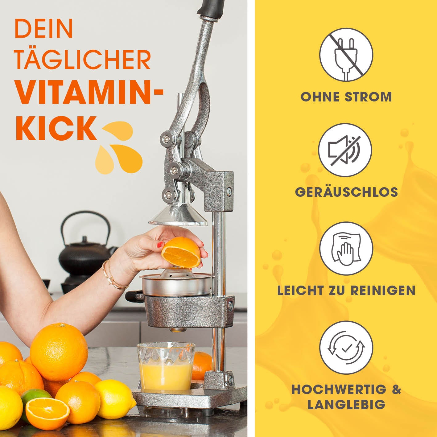 Manuelle Saftpresse - Silber mit kraftvoller Hebelwirkung, geräuschlos, stromlos, leicht zu reinigen, ideal für Zitronen und Orangen.