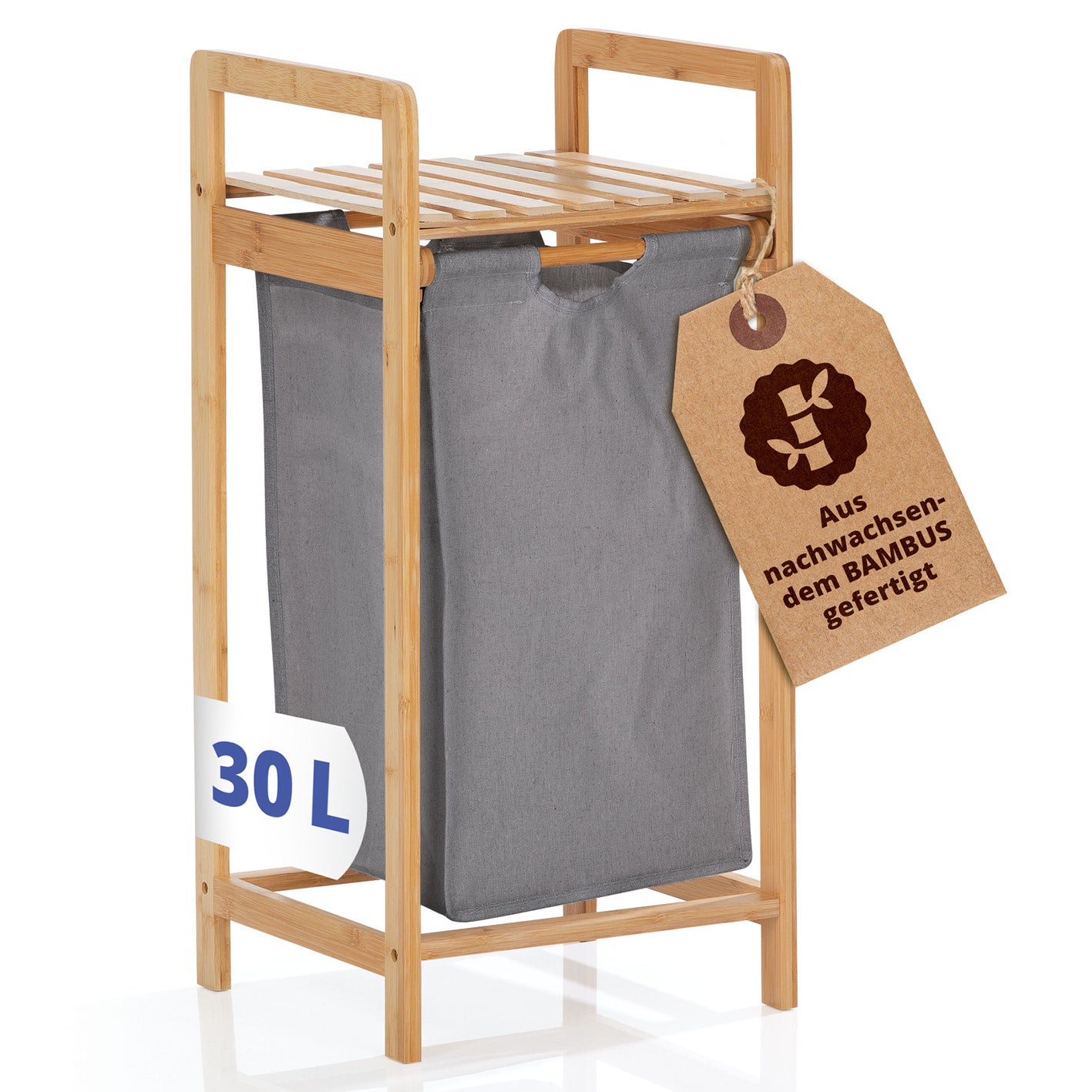 Bambus Wäschekorb mit ausziehbarem Wäschesack - 33 x 33 x 73 cm - Beige, robust und pflegeleicht aus nachhaltigem Bambus.