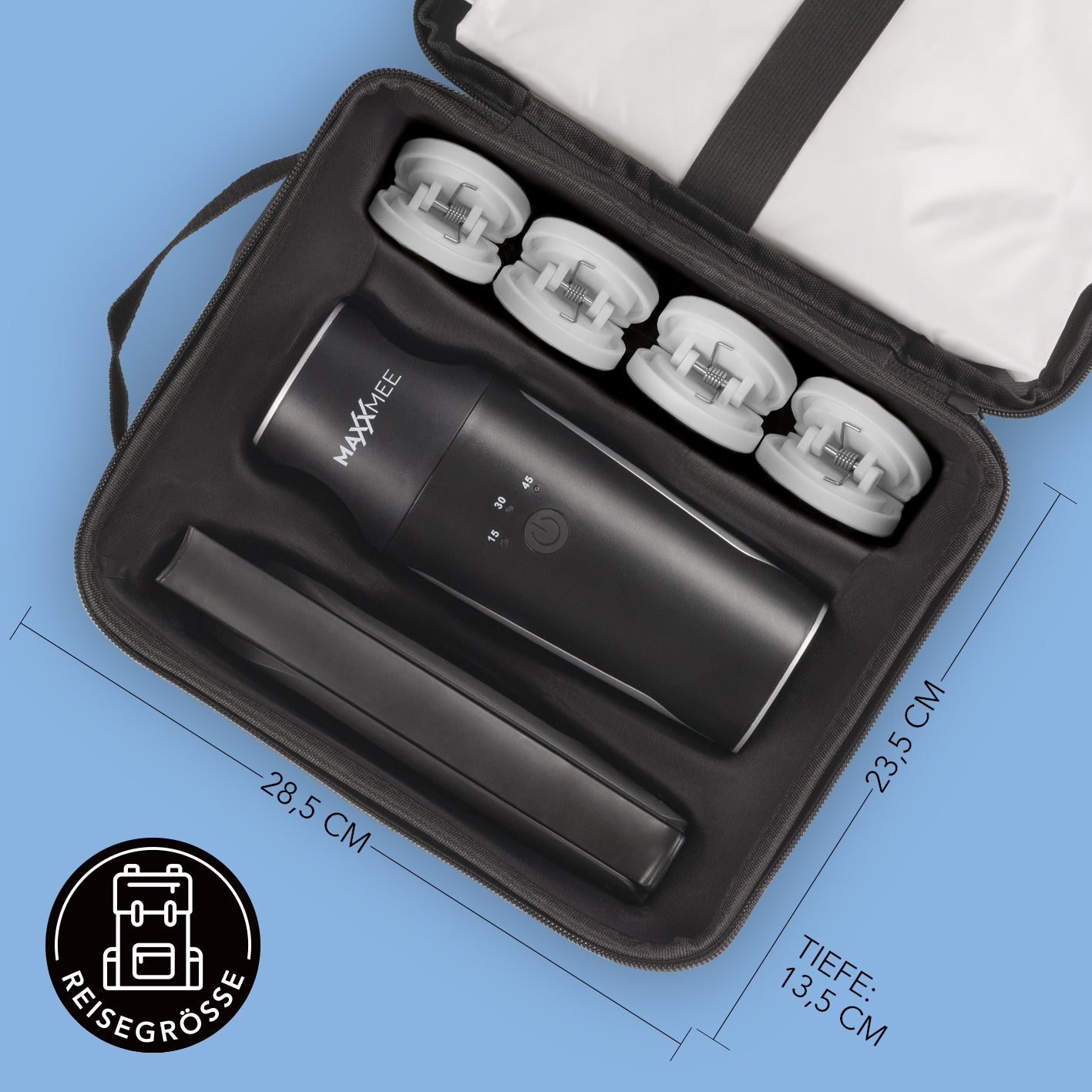 Hemden- & Blusenbügler Kompakt schwarz/silber im Reiseetui mit Zubehör, platzsparend und einfach anzuwenden für effizientes Bügeln.