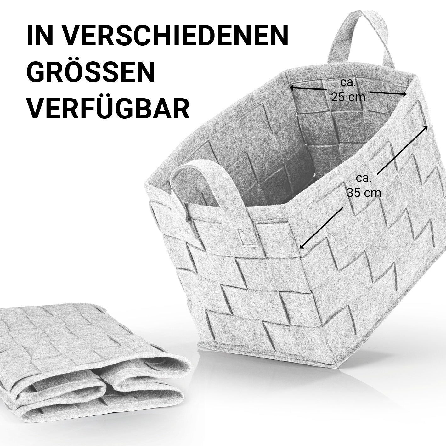 Filz-Aufbewahrungstasche M - 35 x 25 x 25 cm - Hellgrau, faltbarer und strapazierfähiger Aufbewahrungskorb mit Tragegriffen.