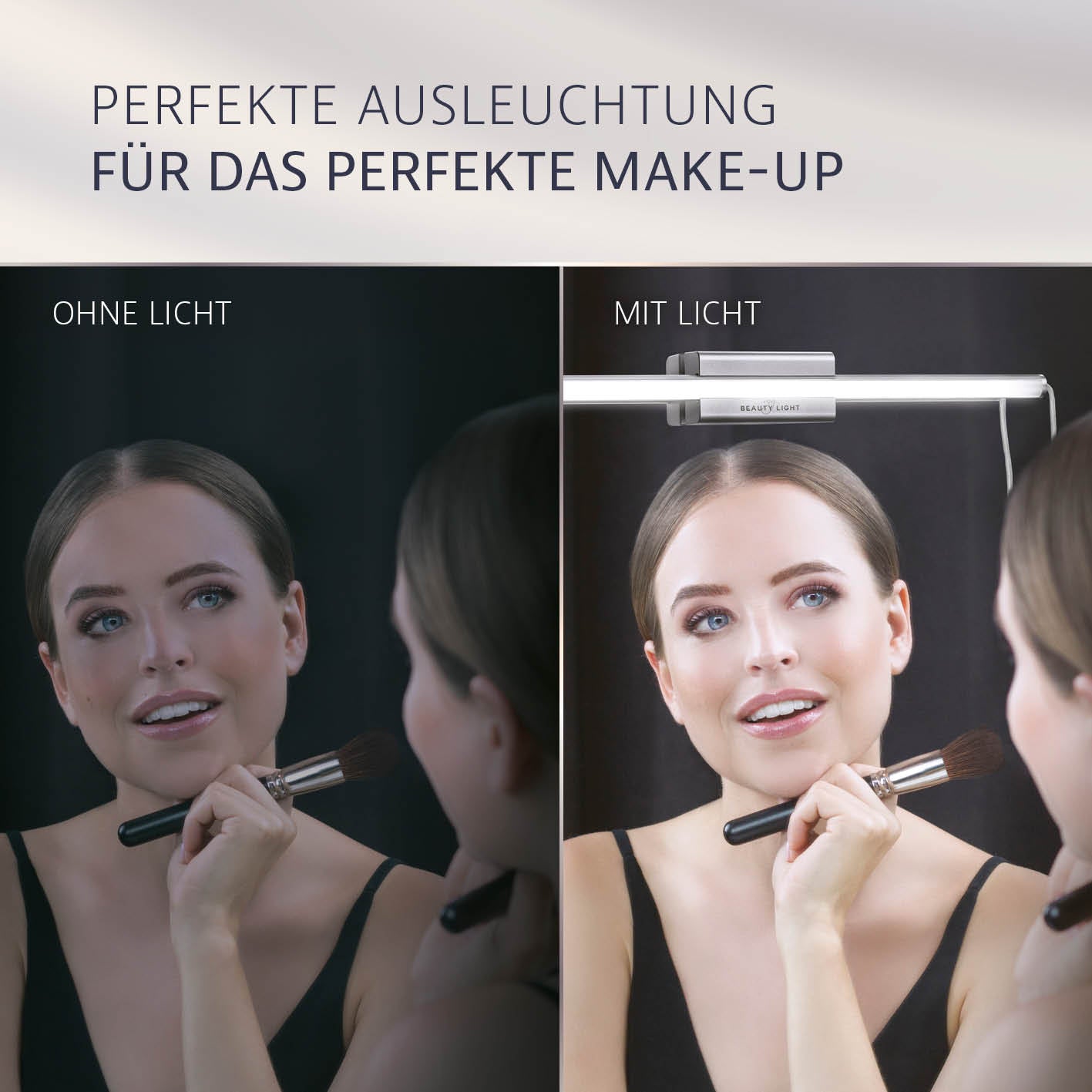 LED-Spiegelleuchte 5-in-1 Glamour Edition zeigt perfektes Make-up mit natürlicher Tageslichtausleuchtung und dimmbarer Helligkeit am Spiegel.
