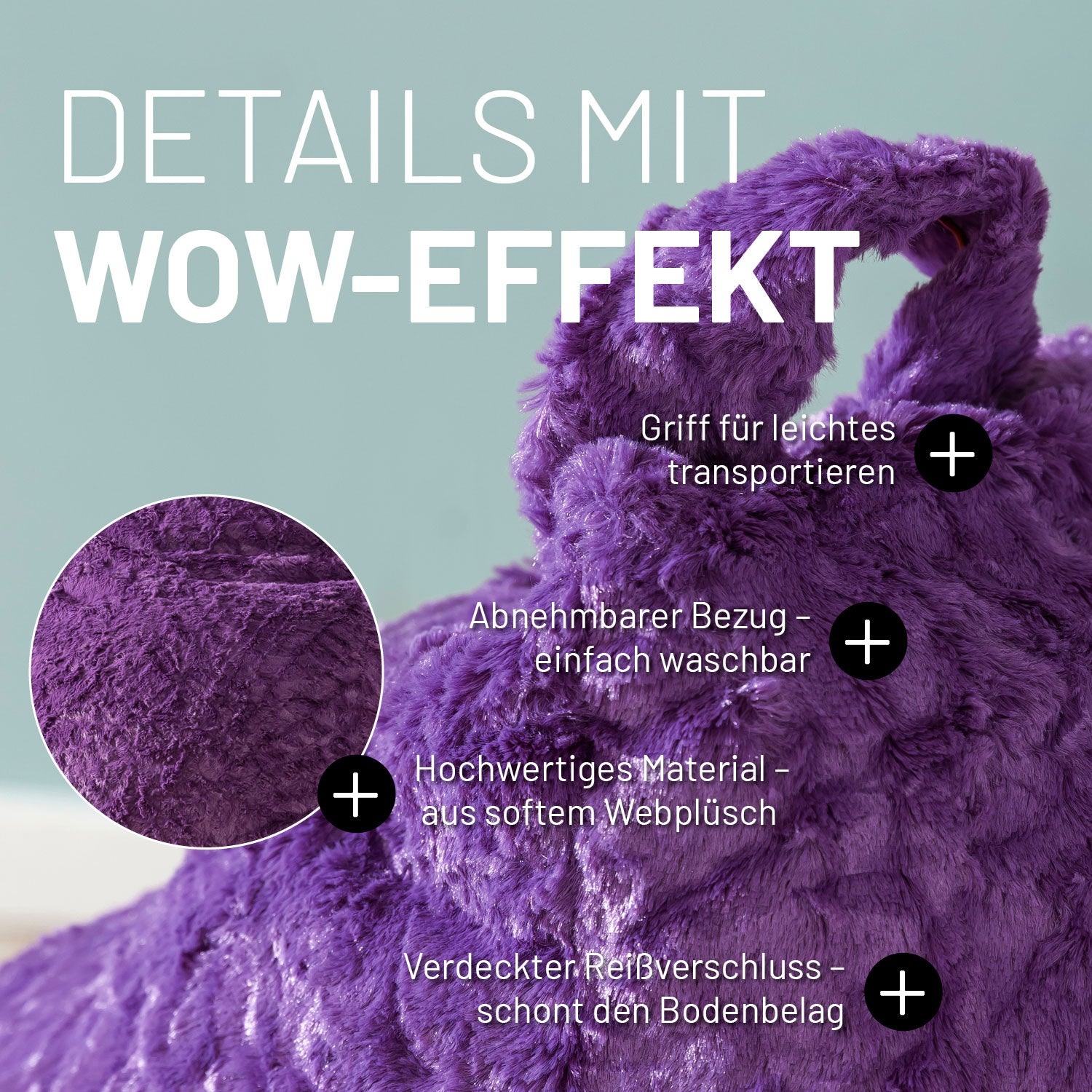 Luxury Fluffy Sitzsack (120 L) - indoor - Lila mit weichem Webplüsch, praktischem Griff, abnehmbarem Bezug und verdecktem Reißverschluss.