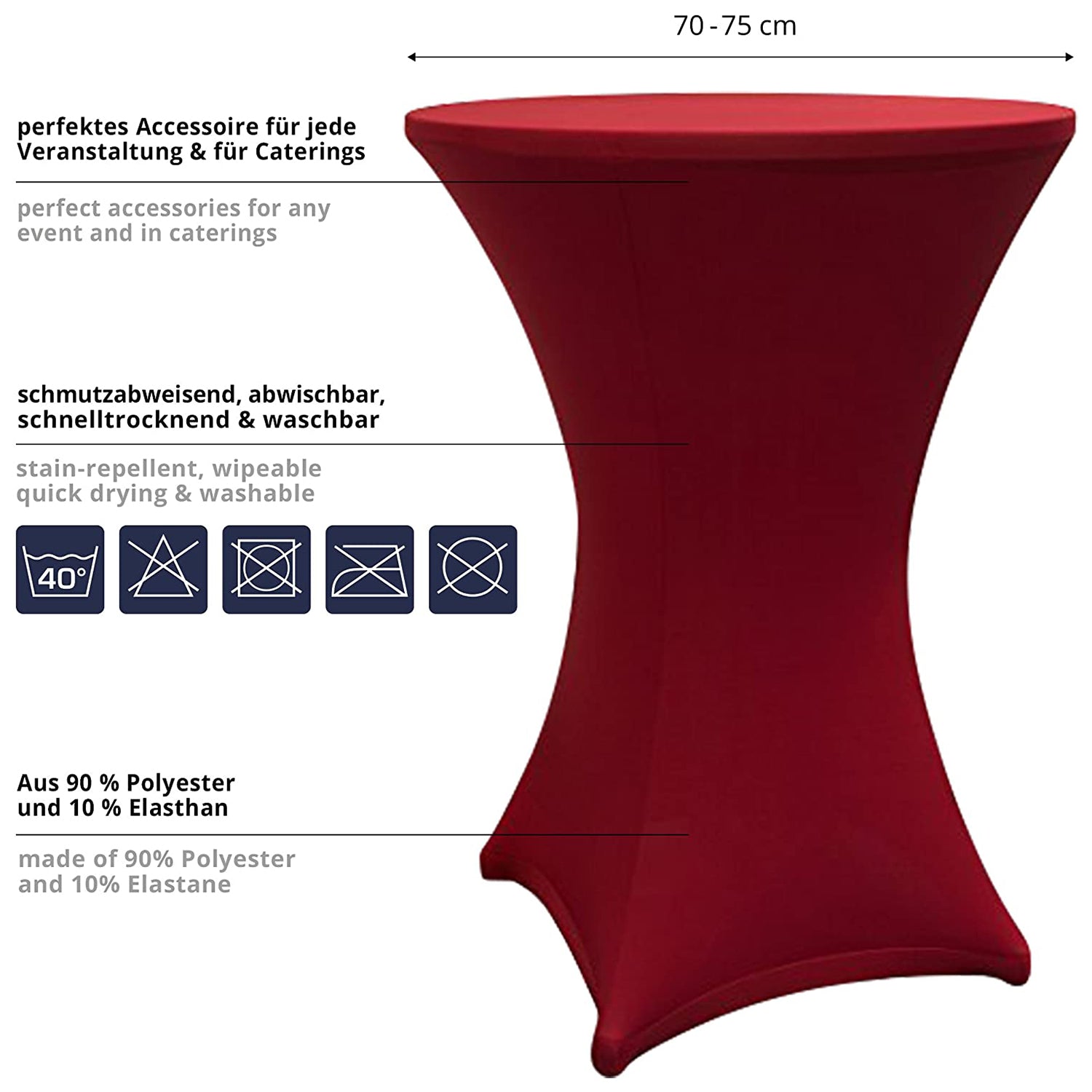 Stehtischhusse Tisch Bezug Husse - Ø 80-85cm - Rot, dehnbar, pflegeleicht, waschbar, ideal für Events und Gastronomie.