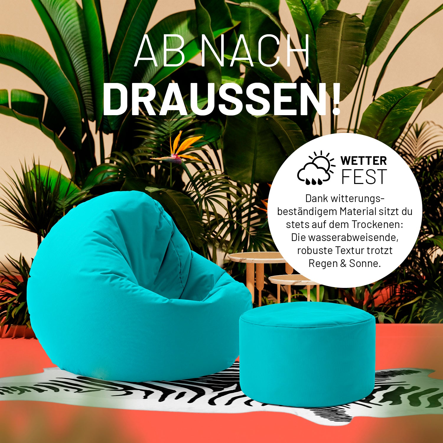 Sitzsack-Hocker/Pouf (50 L) Aquamarin, wetterfest, leicht, robust, multifunktional für drinnen und draußen mit wasserabweisender Oberfläche.