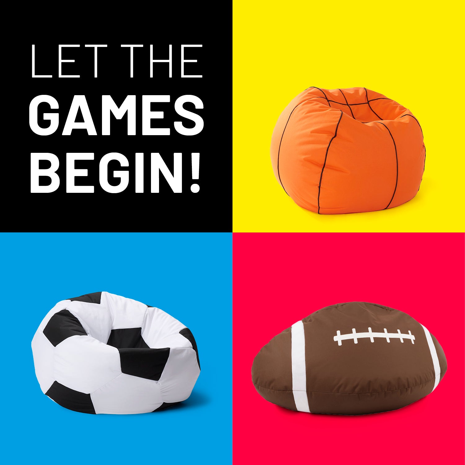 Football-Sitzsack (300 L) in Fußball-, Basketball- und Football-Design, indoor & outdoor, langlebig und bequem.