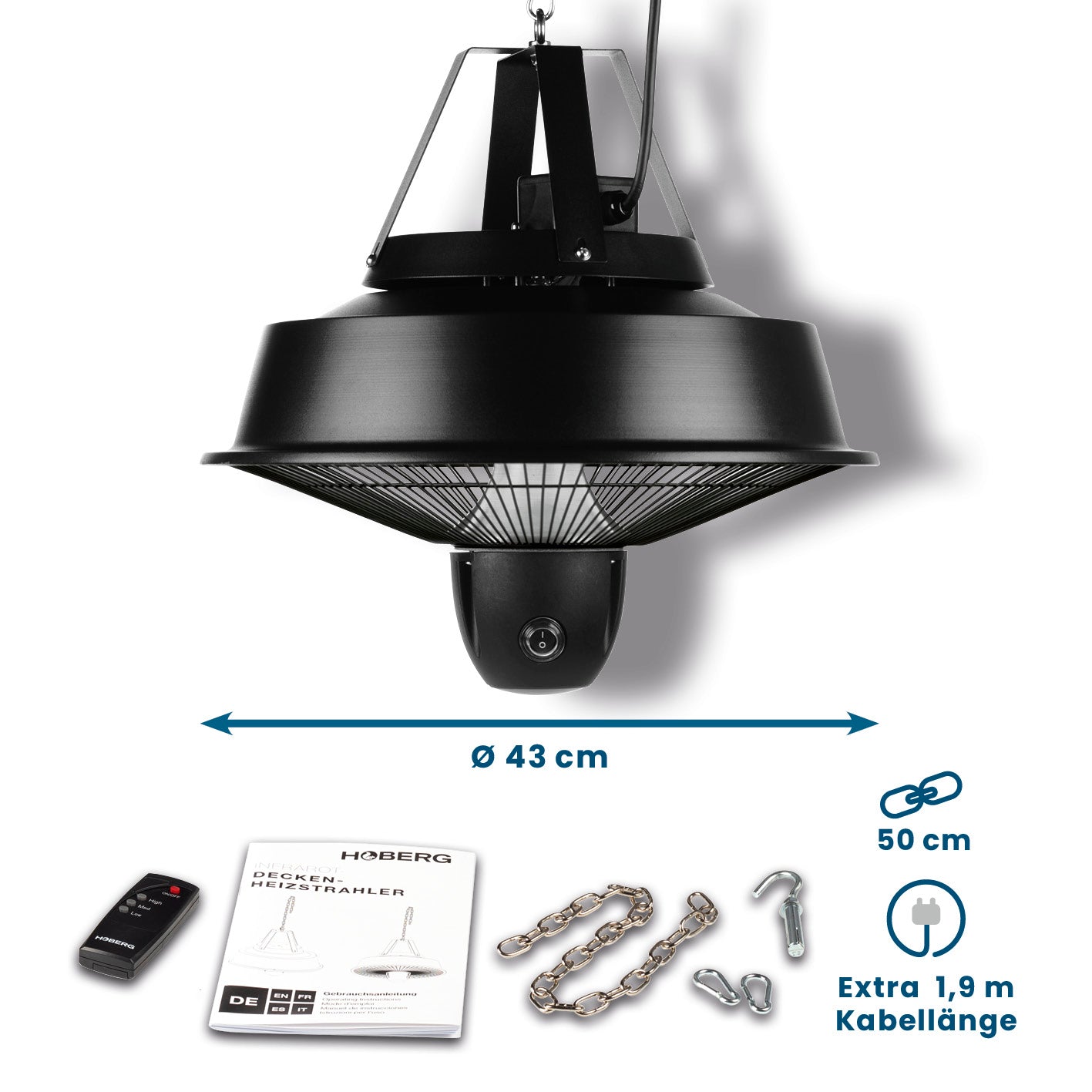 Infrarot-Deckenheizstrahler mit 43 cm Schirm, 3 Heizstufen, Fernbedienung, Karabiner-Aufhängung und 1,9 m Kabel.