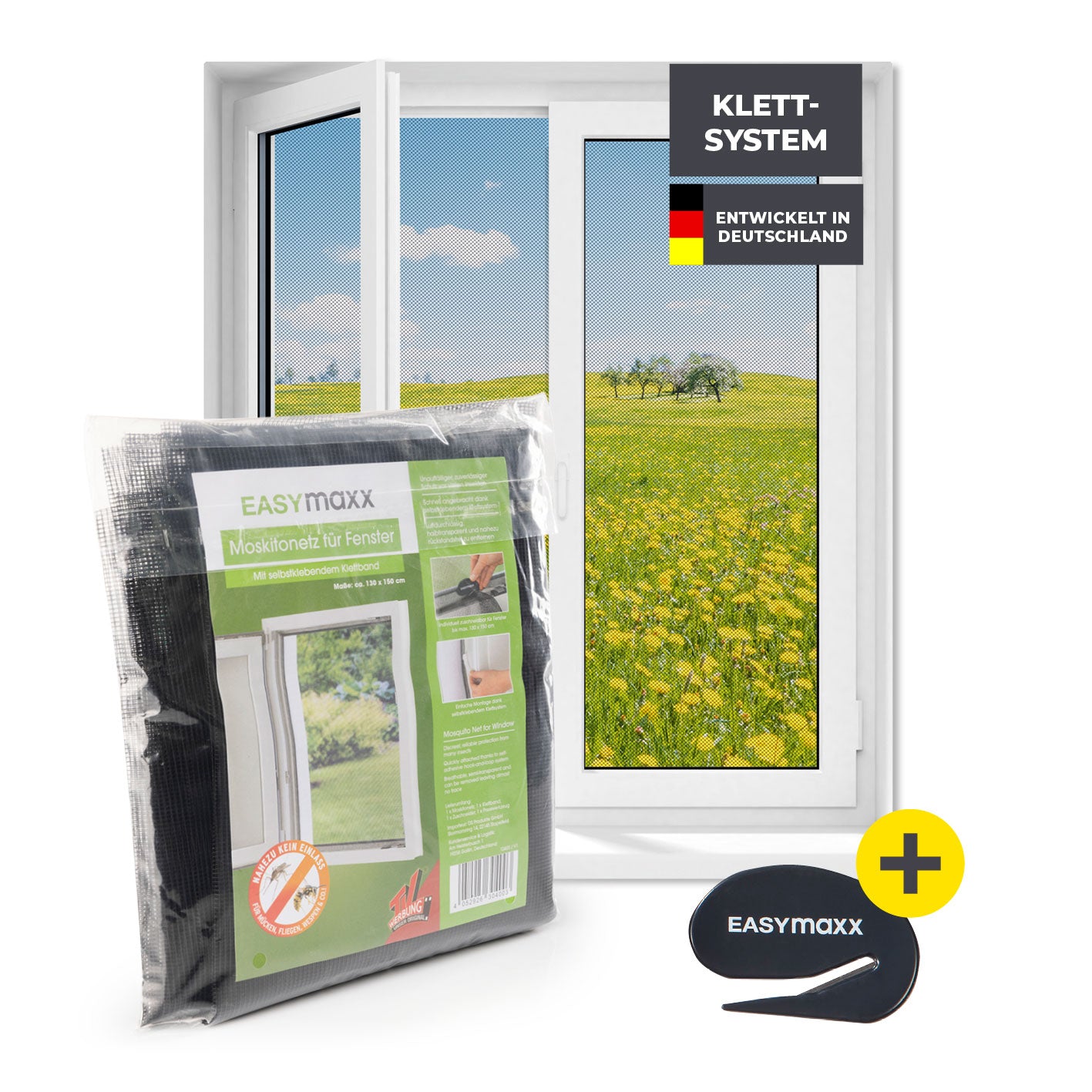 Insektenschutzgitter mit Klettbefestigung für einfache Montage, hält Insekten fern und ermöglicht klare Sicht nach draußen.