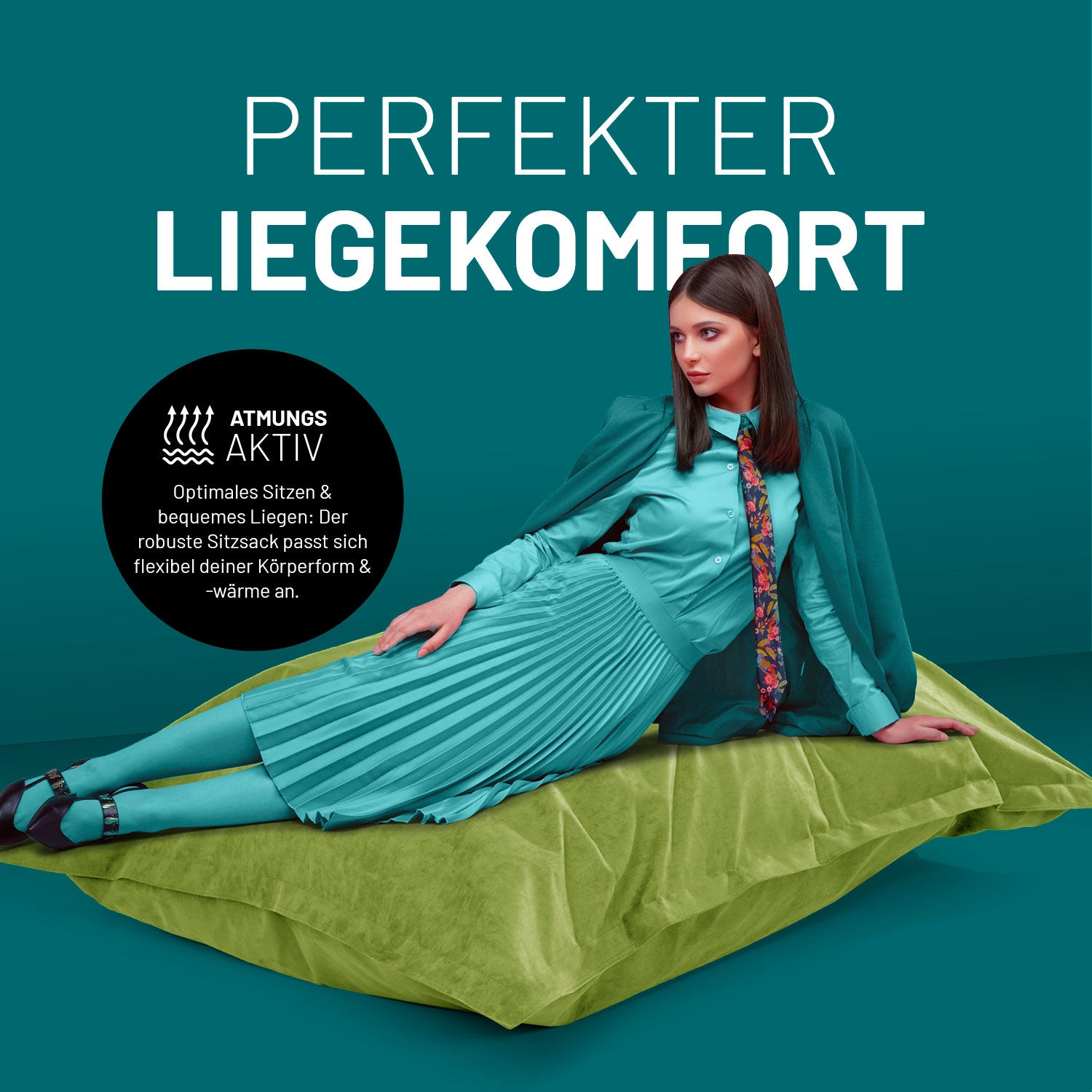 XXL Microvelours Sitzsack (380 L) - indoor - Grün mit atmungsaktivem Bezug für perfekten Liegekomfort und flexible Körperanpassung.