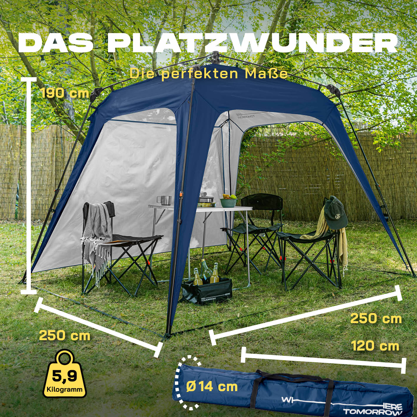 Pop up Pavillon - Blau, wetterfestes Partyzelt mit 250x250 cm, 190 cm Höhe, inklusive Seitenwand, schnell aufbaubar, ideal für Garten und Camping.
