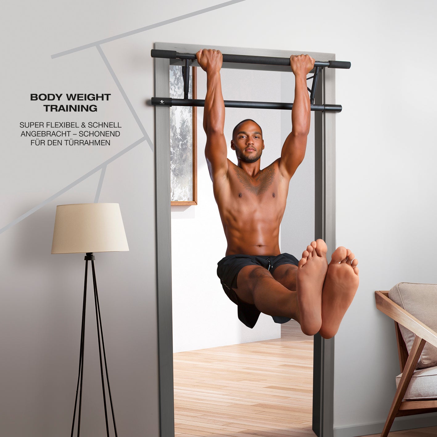 Klimmzugstange für den Türrahmen, stabile Montage ohne Bohren, ideal für effektives Bodyweight Training zu Hause.