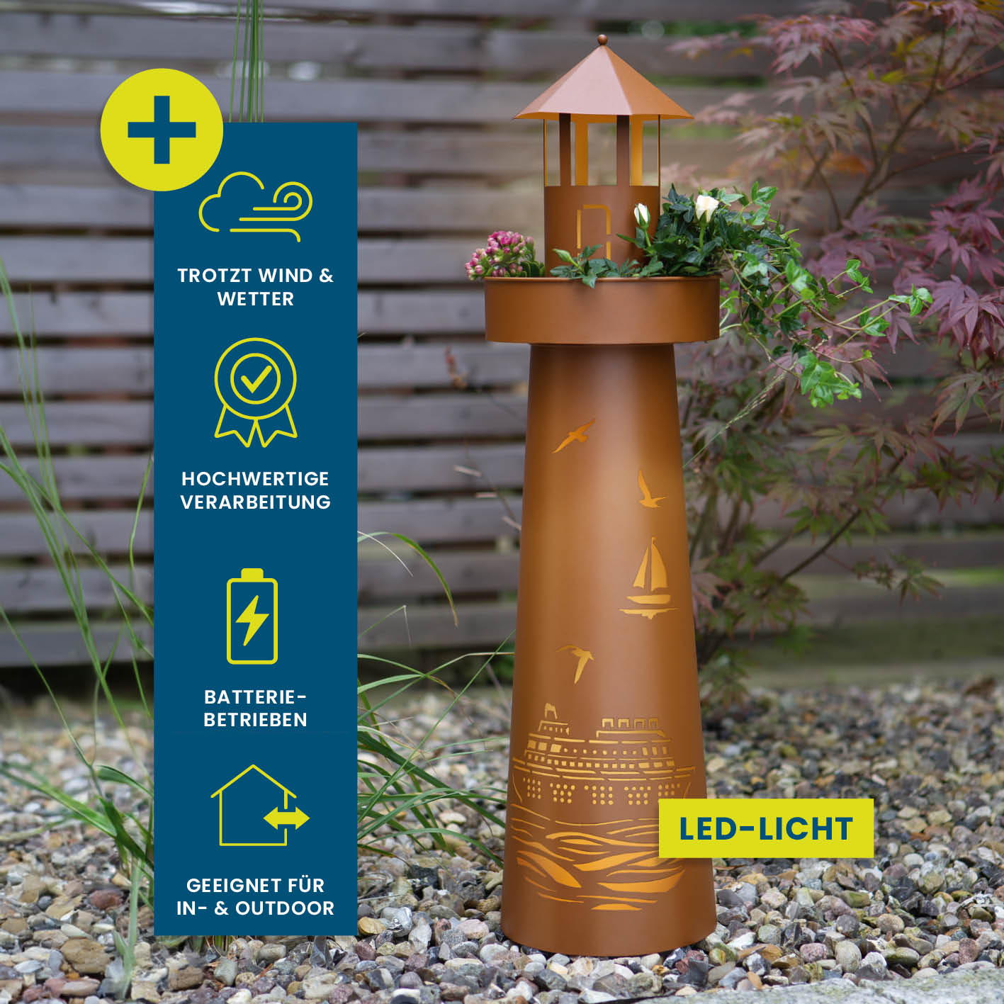 LED Deko-Leuchtturm in Rost-Optik mit LED-Beleuchtung, befüllbarer Plattform, batteriebetrieben, für Innen- und Außenbereiche.