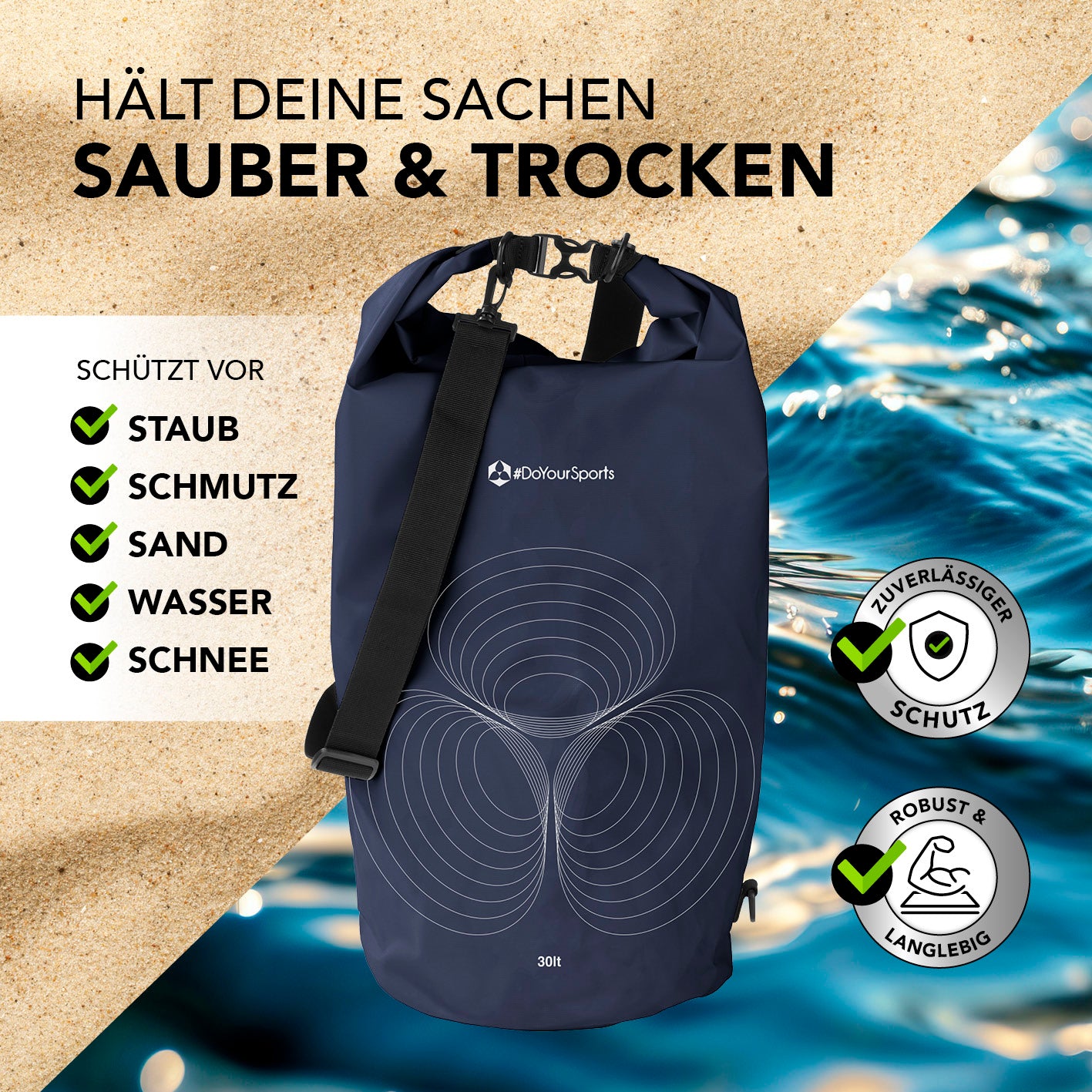 Dry Bag 30L - Dunkelblau wasserdichter, robuster Outdoor-Rucksack mit Rolltopverschluss für Schutz vor Staub, Schmutz, Sand, Wasser und Schnee.