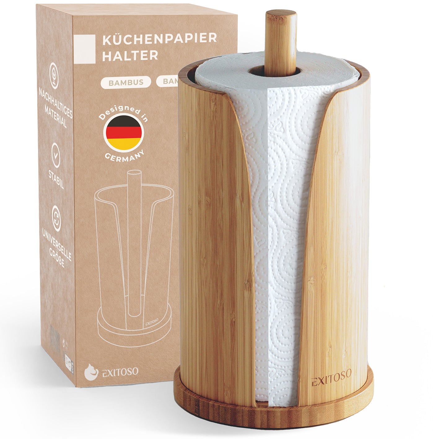 Küchenrollenhalter - Bambus - stehend aus nachhaltigem Bambus, rostfrei, platzsparend und stilvollem Design für Küche und Büro.