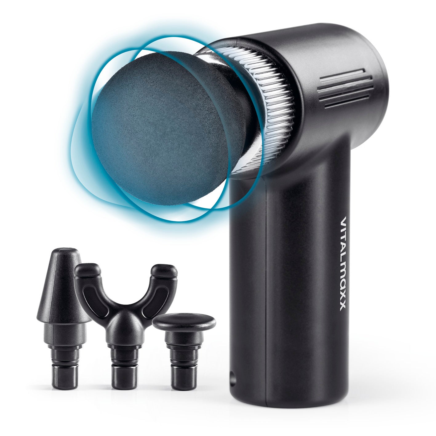 Massagegerät Mini-Gun - schwarz/silber, handlich mit 4 Aufsätzen, kraftvoll für intensive Massage und lange Laufzeit, ideal für unterwegs.