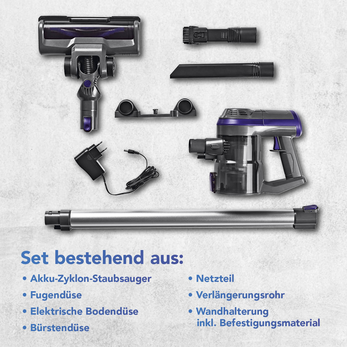 Akku-Zyklon-Staubsauger anthrazit/lila mit Zubehör wie Fugendüse, elektrischer Bodendüse, Verlängerungsrohr und Netzteil.