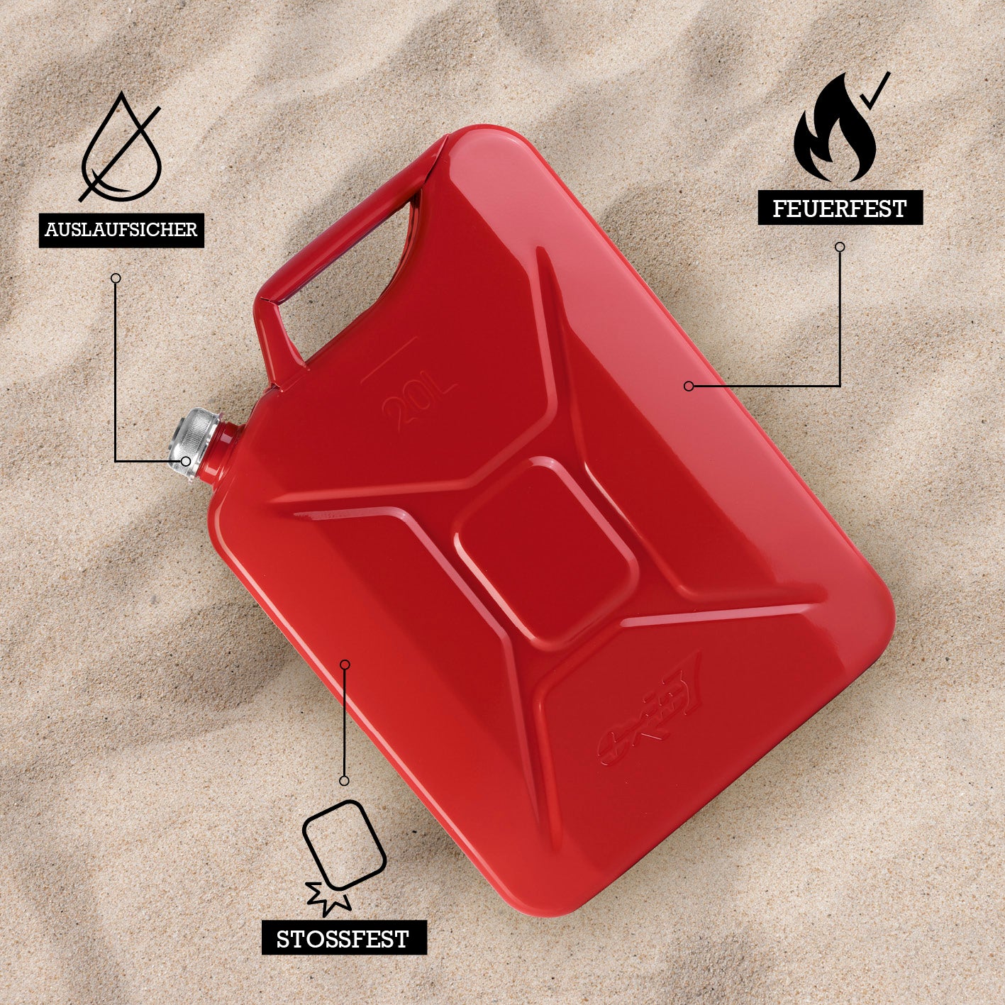 Metall-Kraftstoffkanister mit Schraubverschluss - 20 Liter - Rot, auslaufsicher, feuerfest und stoßfest für sicheren Transport von Treibstoffen.