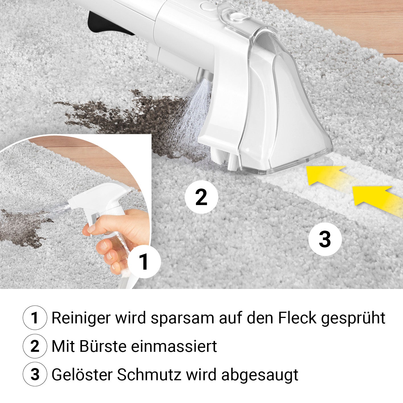 Polster- und Teppichreiniger mit Schritt-für-Schritt Anwendung: Sprühen, Bürsten, Absaugen für saubere Teppiche und Polster.