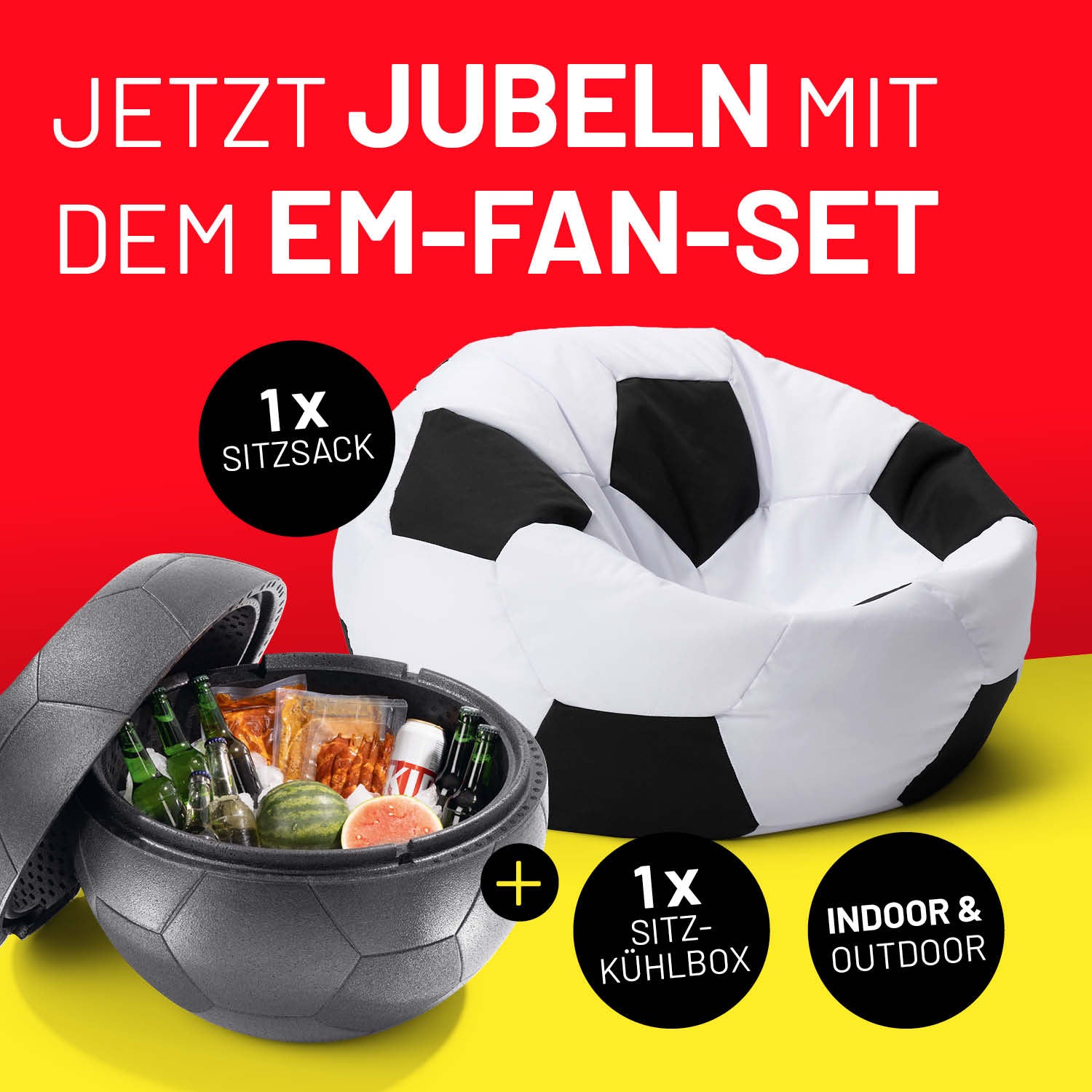 EM 2024 Fan-Lounge 1 + 1 mit XXL-Fußball-Sitzsack und Sitz-Kühlbox im Fußball-Design für Indoor & Outdoor Nutzung.