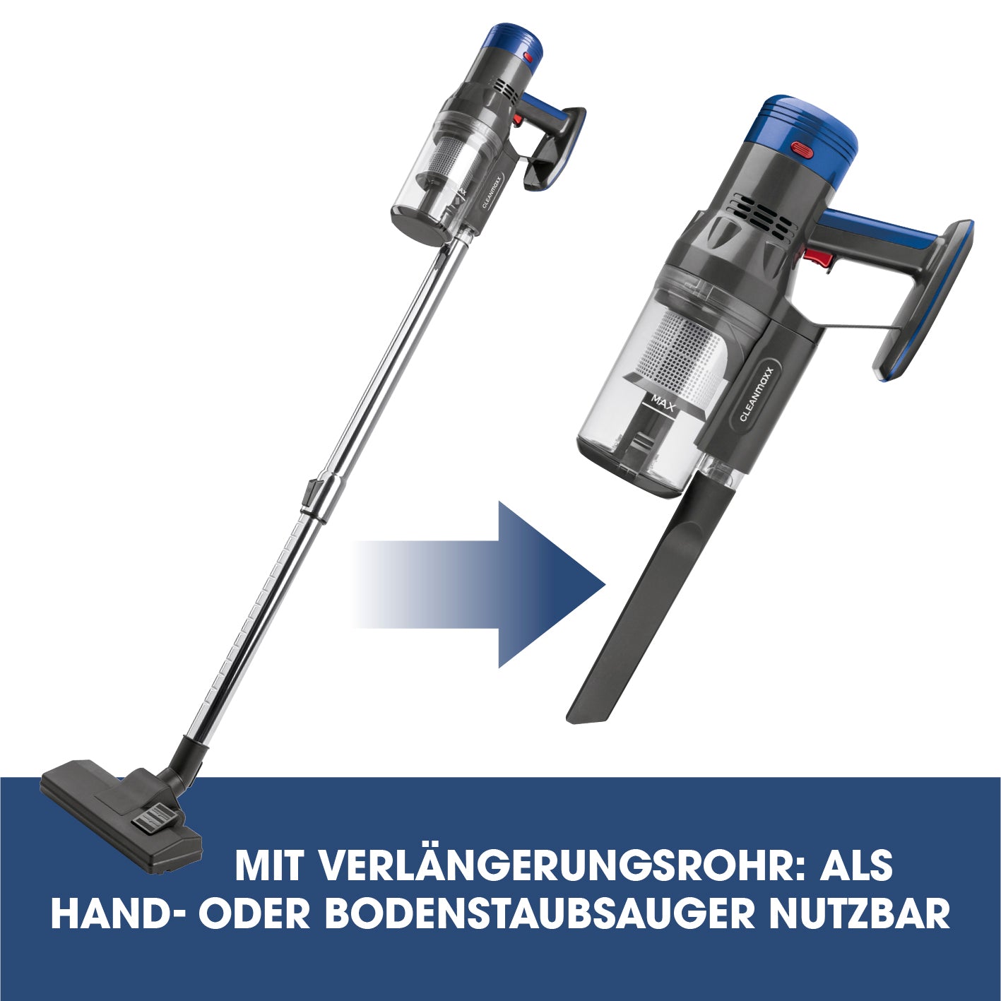 Kabelloser Hand- und Bodenstaubsauger mit Zyklontechnologie - anthrazit/blau, mit verlängerbarem Teleskoprohr für flexible Nutzung.