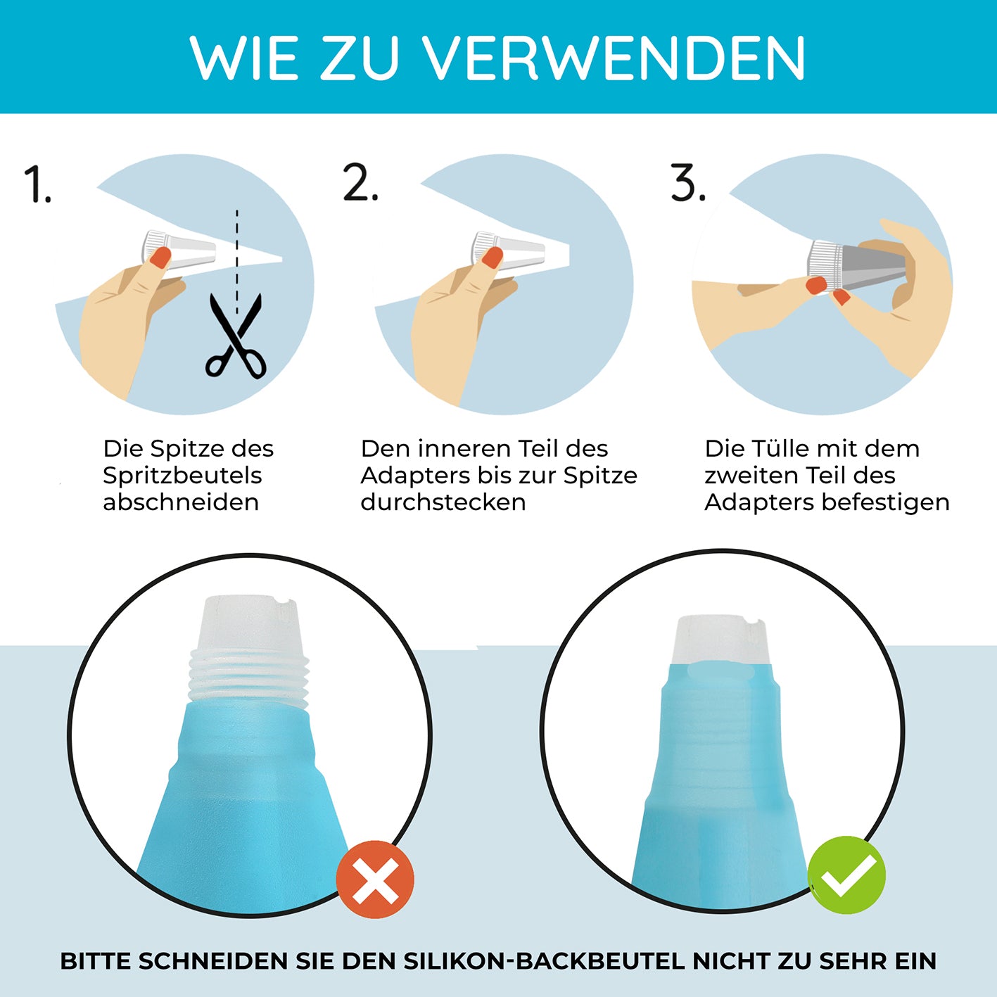 Drehbare Tortenplatte - 28 cm - 51-tlg. mit Anleitung zum richtigen Befestigen der Spritztüllen am Silikon-Backbeutel.