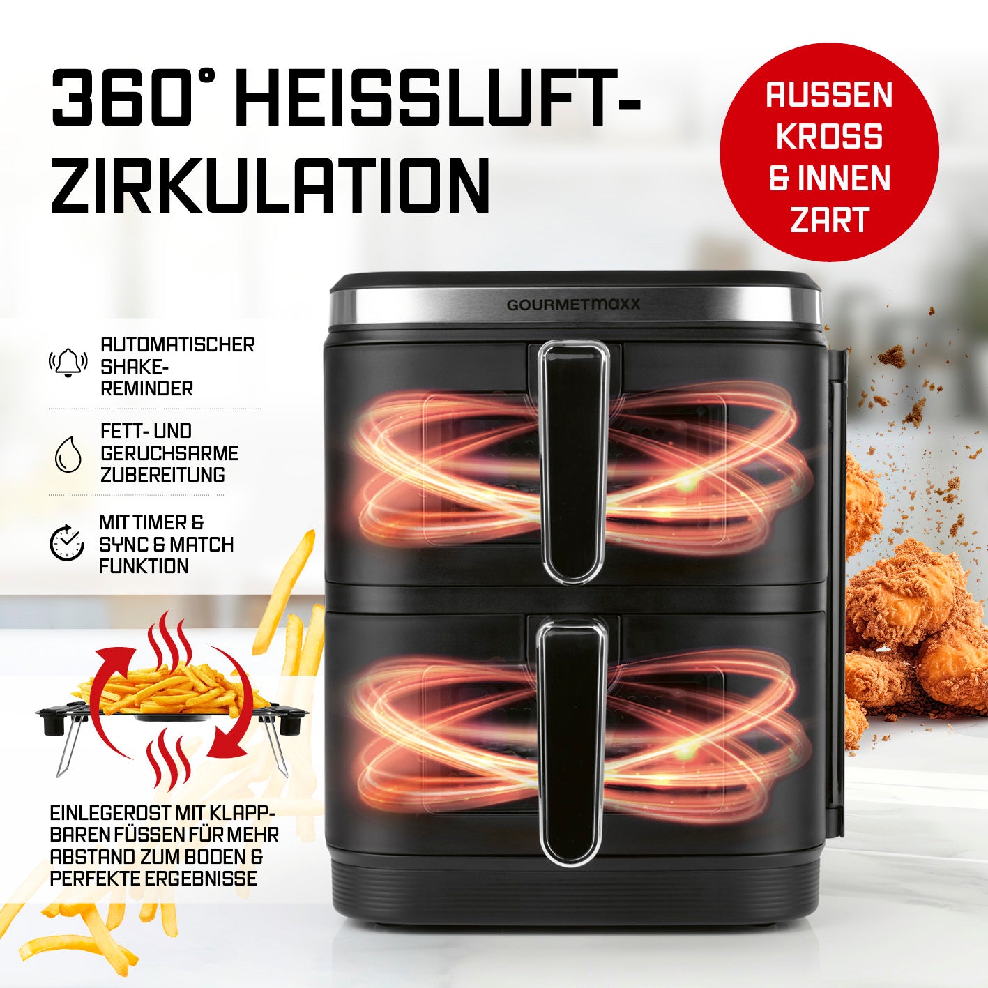 FryUp Vertikale Doppelkammer-Heißluftfritteuse mit Sichtfenster