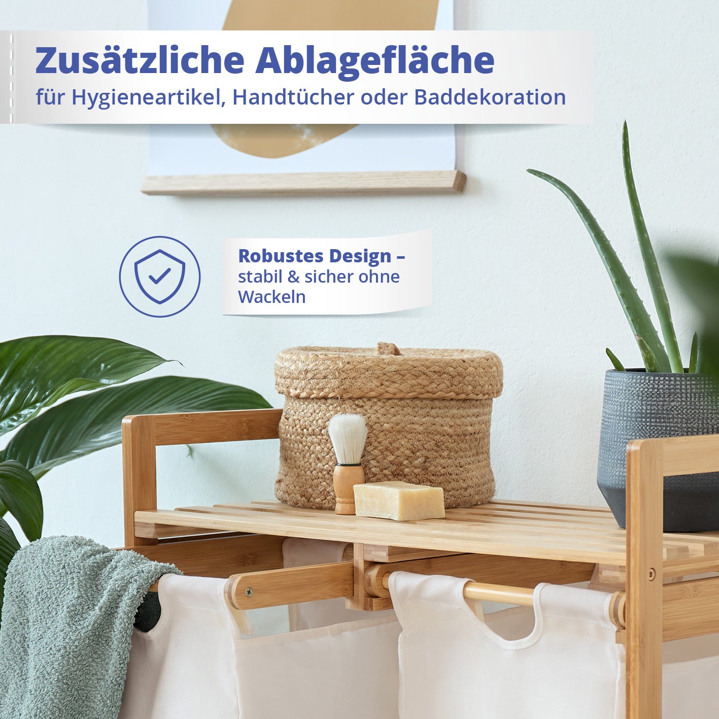 Bambus Wäschekorb mit 2 ausziehbaren Wäschesacken - 73 x 64 x 33 cm - Weiß