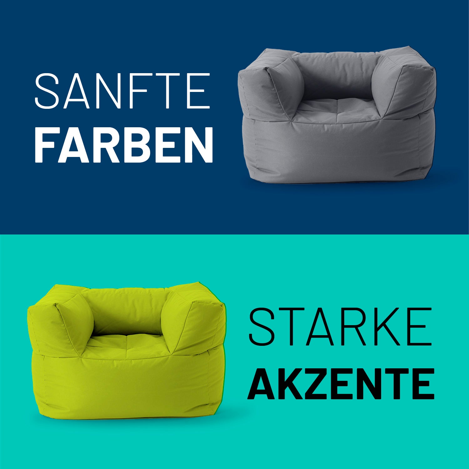 Sitzsack-Sofa Sessel (400 L) in Apfelgrün, modular, bequem, extra groß, für Indoor & Outdoor, pflegeleicht mit verdecktem Reißverschluss.