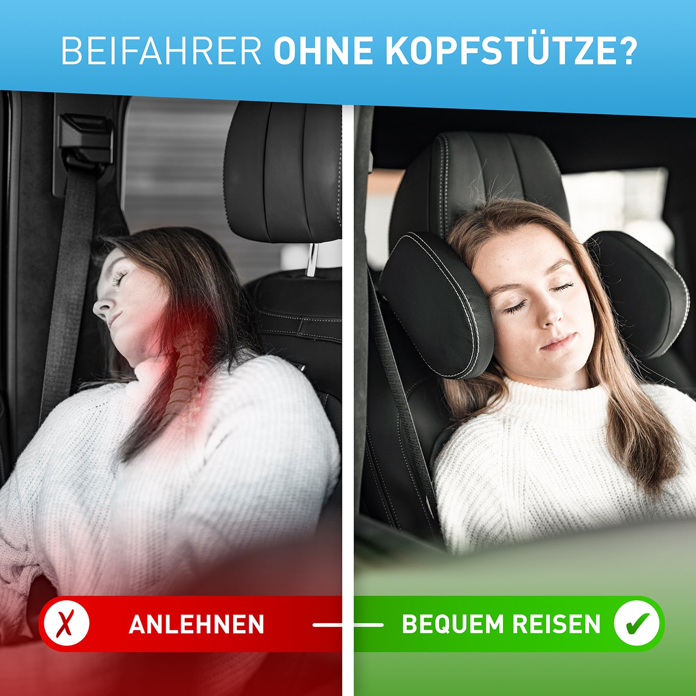 Auto-Kopfstütze - Leder mit weißen Nähten für bequemes, verstellbares Reisen ohne Nackenschmerzen im Auto.
