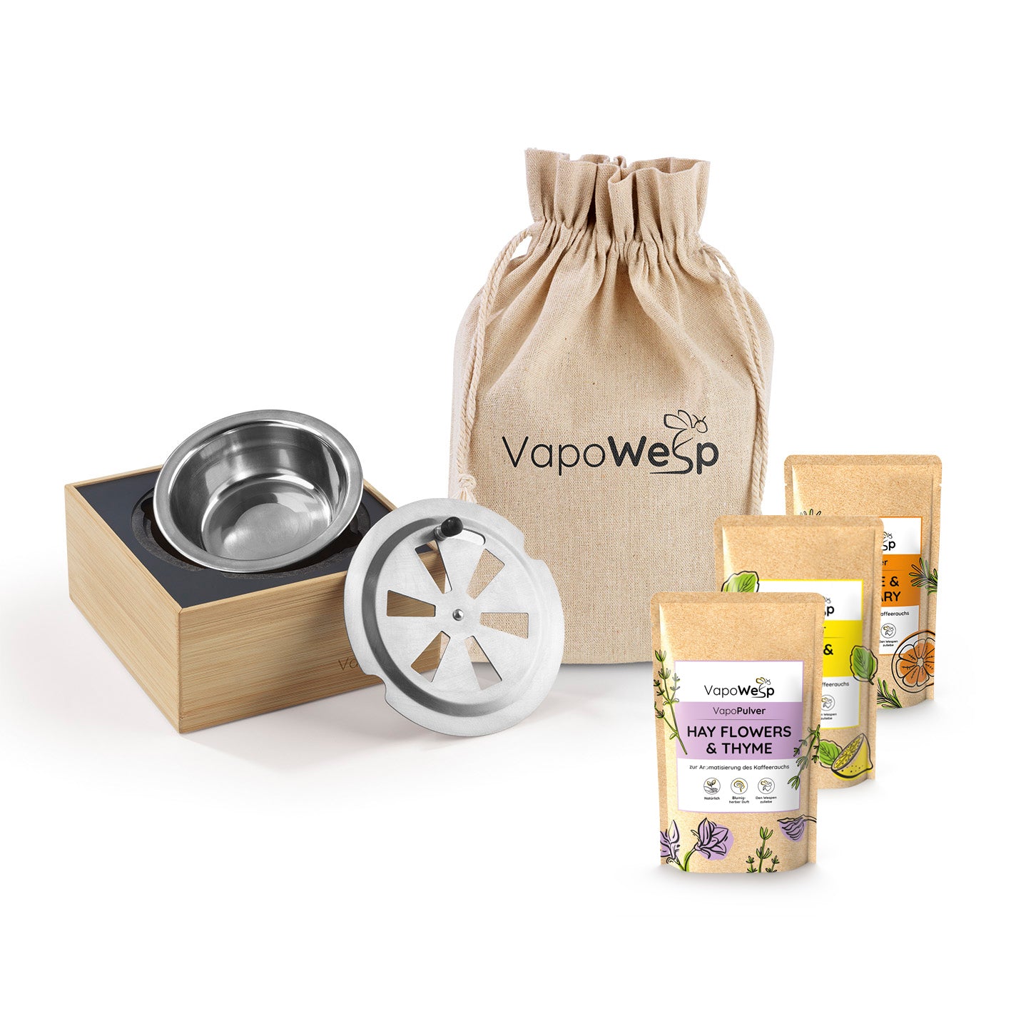 Räucherbox inkl. Orange & Rosemary, Lemon & Basil, Hay Flowers & Thyme mit Aromapulvern und Transportbeutel von VapoWesp.