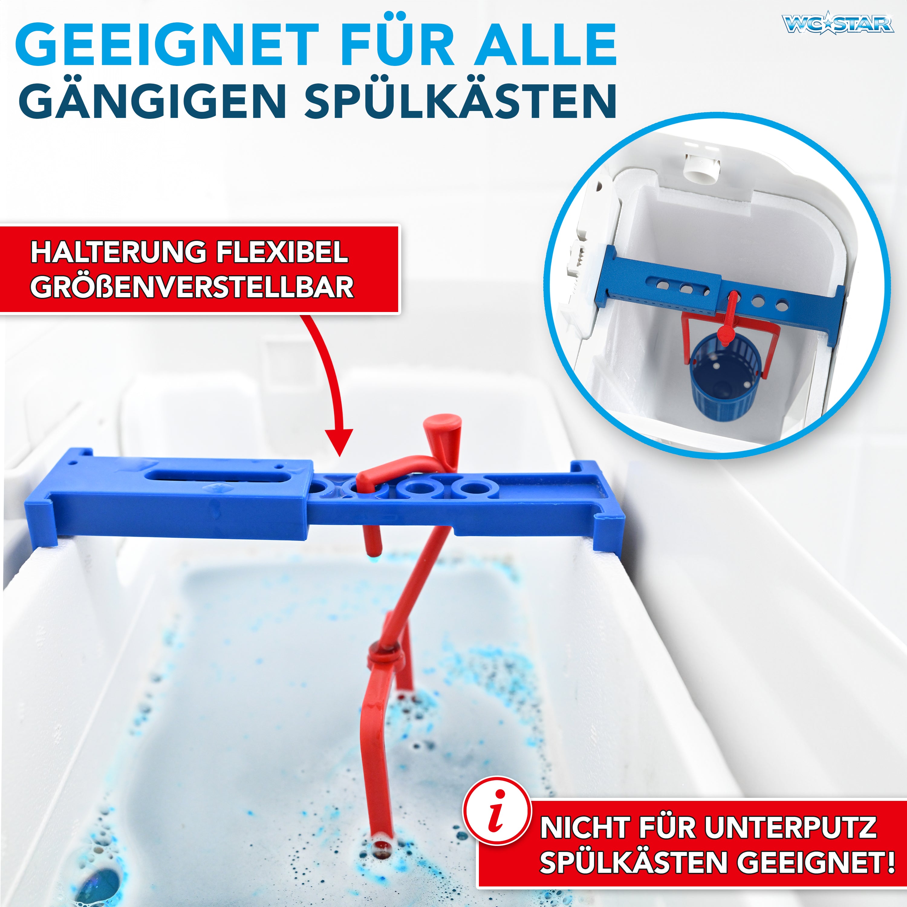 WC-Star Nachfüll-Set (8x Spülkasten-Tab + 4x Antikalk-Tab) mit flexibler Halterung für gängige Spülkästen, nicht für Unterputz geeignet.