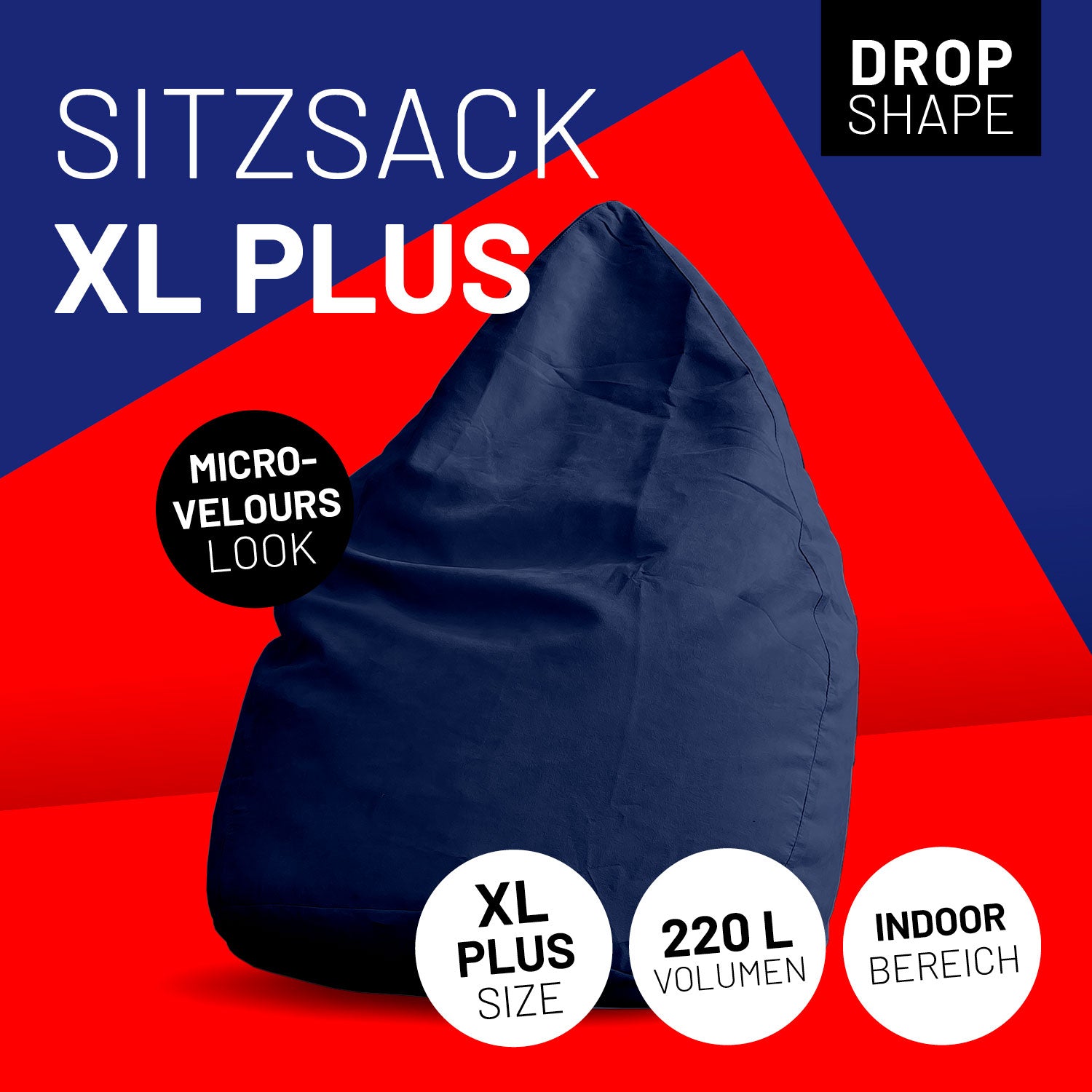 Luxury XL PLUS Sitzsack (220 L) dunkeblau mit Micro-Velours Look, indoor, ergonomisch und komfortabel für jede Sitzposition.
