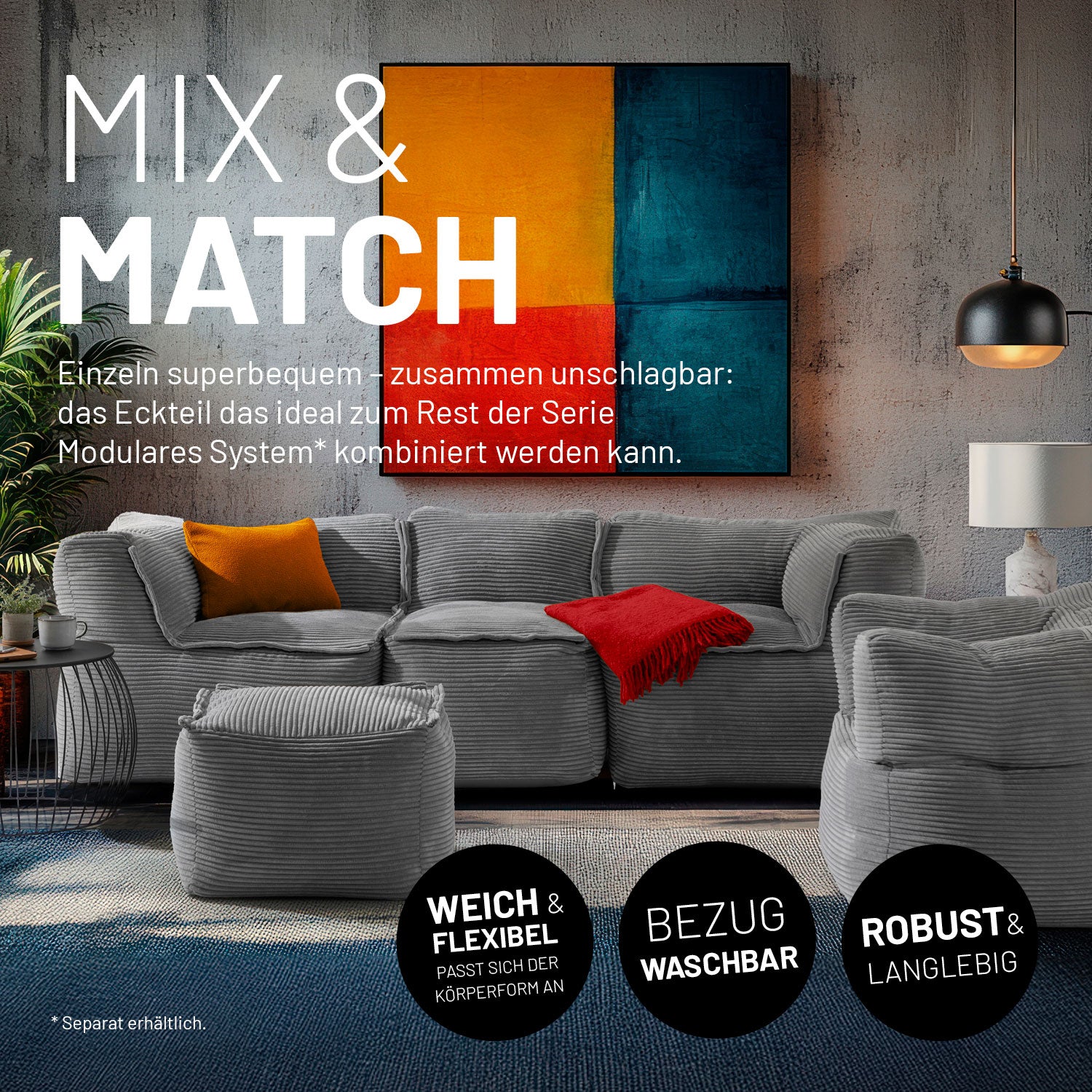 Modulares Eckteil rechts aus der Cord-Reihe - Grau mit weichem, waschbarem Bezug und robustem Boden, ideal für modernes Wohnen und Mix & Match.