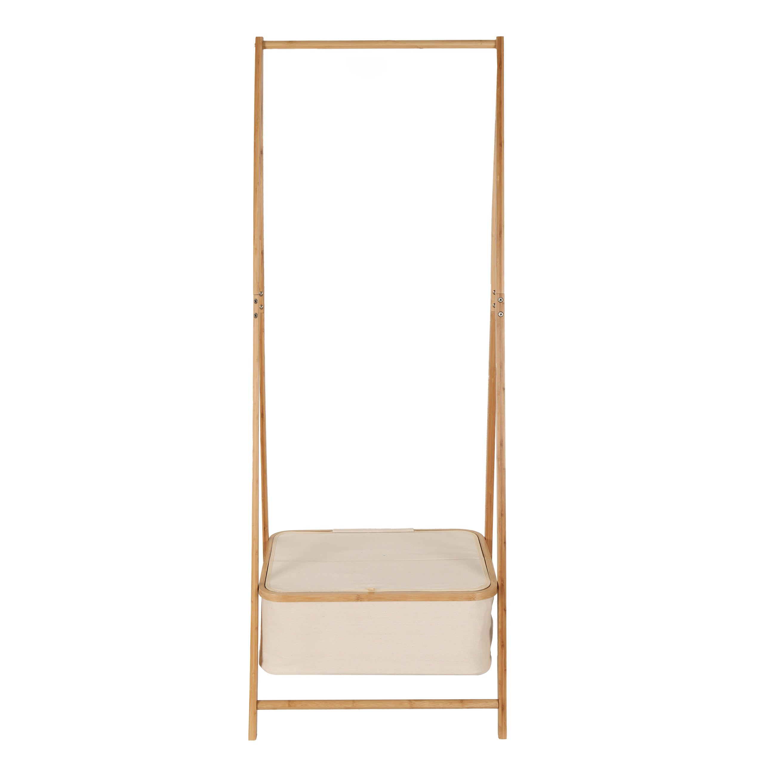 Kleiderständer aus Bambus - 159 x 60 x 45 cm in Beige mit Ablagefach, stabil und modern für Jacken und Schuhe.