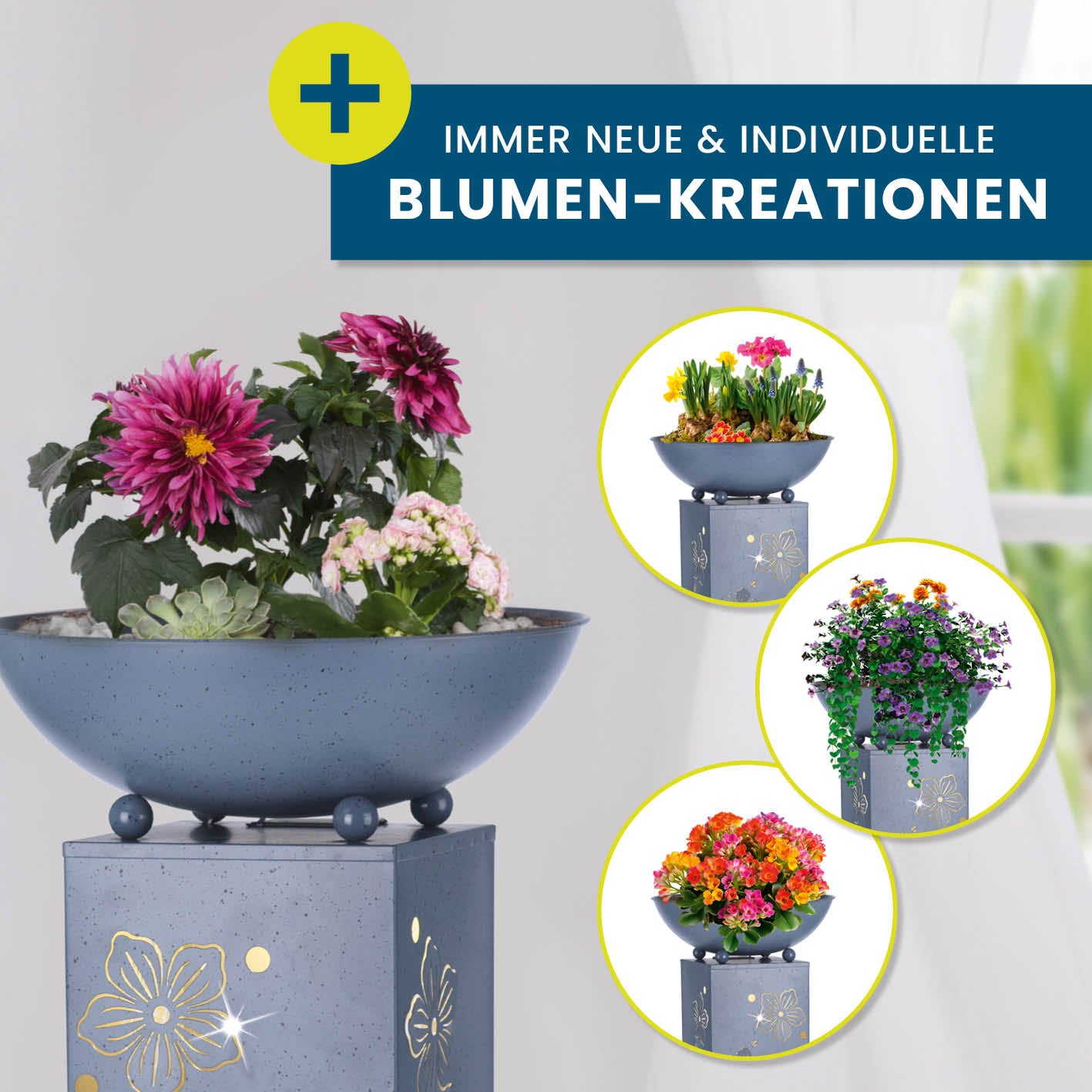 LED Pflanzsäule "Blume" in 3D Beton-Optik mit abnehmbarer Pflanzschale und LED-Beleuchtung, ideal für individuelle Bepflanzung.