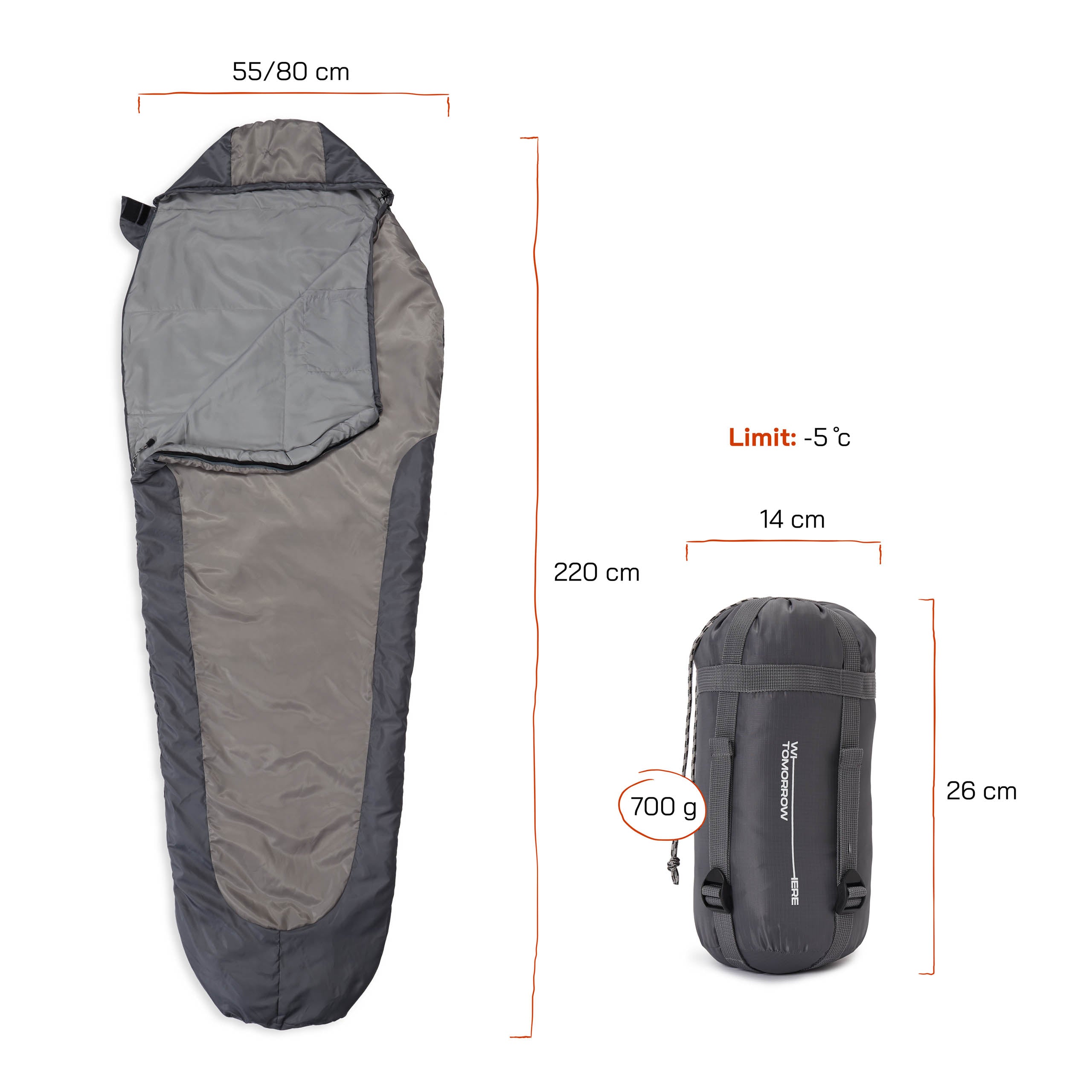 Camping Schlafsack Small & Light - Mumienschlafsack mit Tasche, hellgrau, 220x80x50 cm, wasserabweisend, bis -5°C, 700g, kompakt verstaubar.