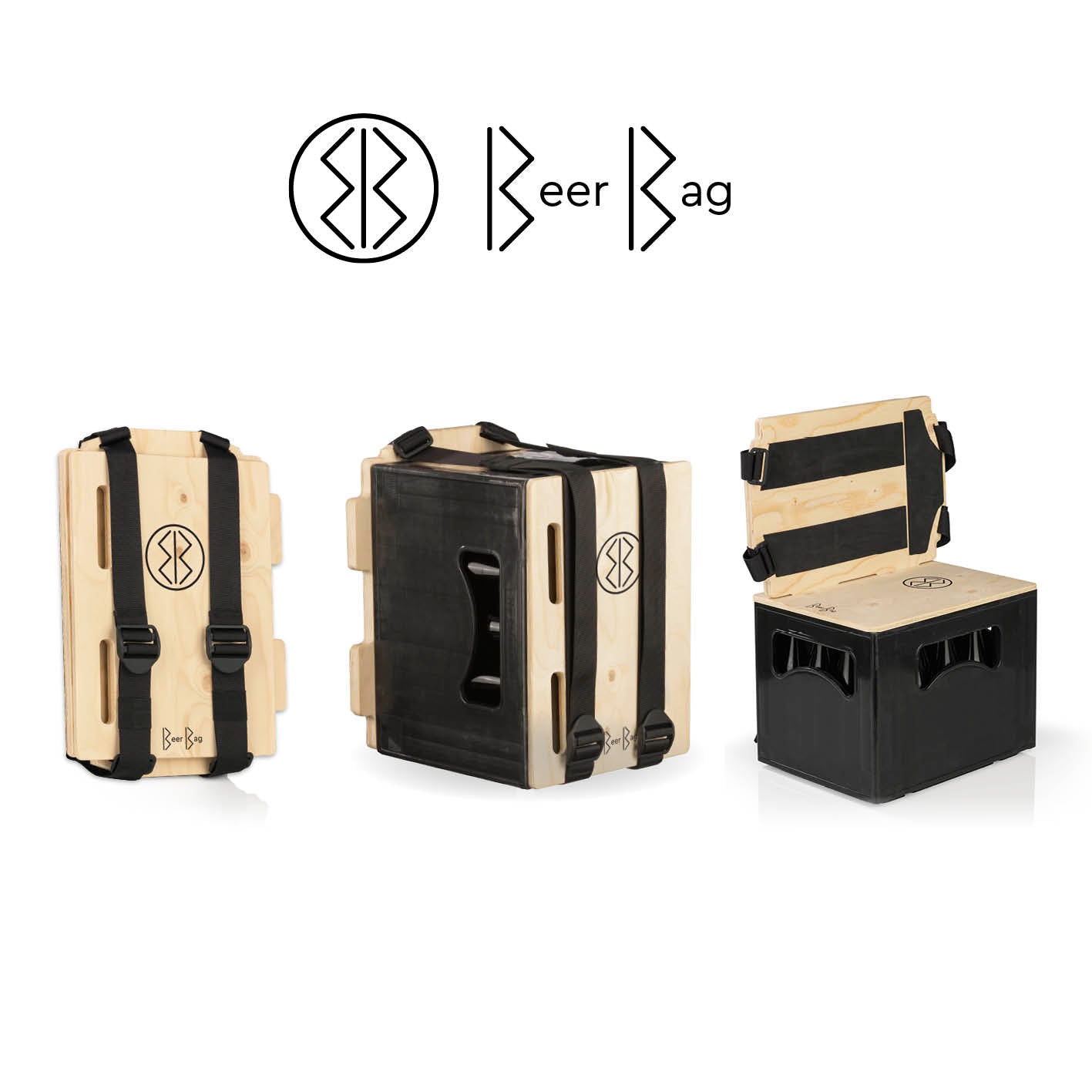Das clevere Tragesystem für Bierkästen als Rucksack und Hocker mit breiten Gurten und Rückenpolsterung von BeerBag.