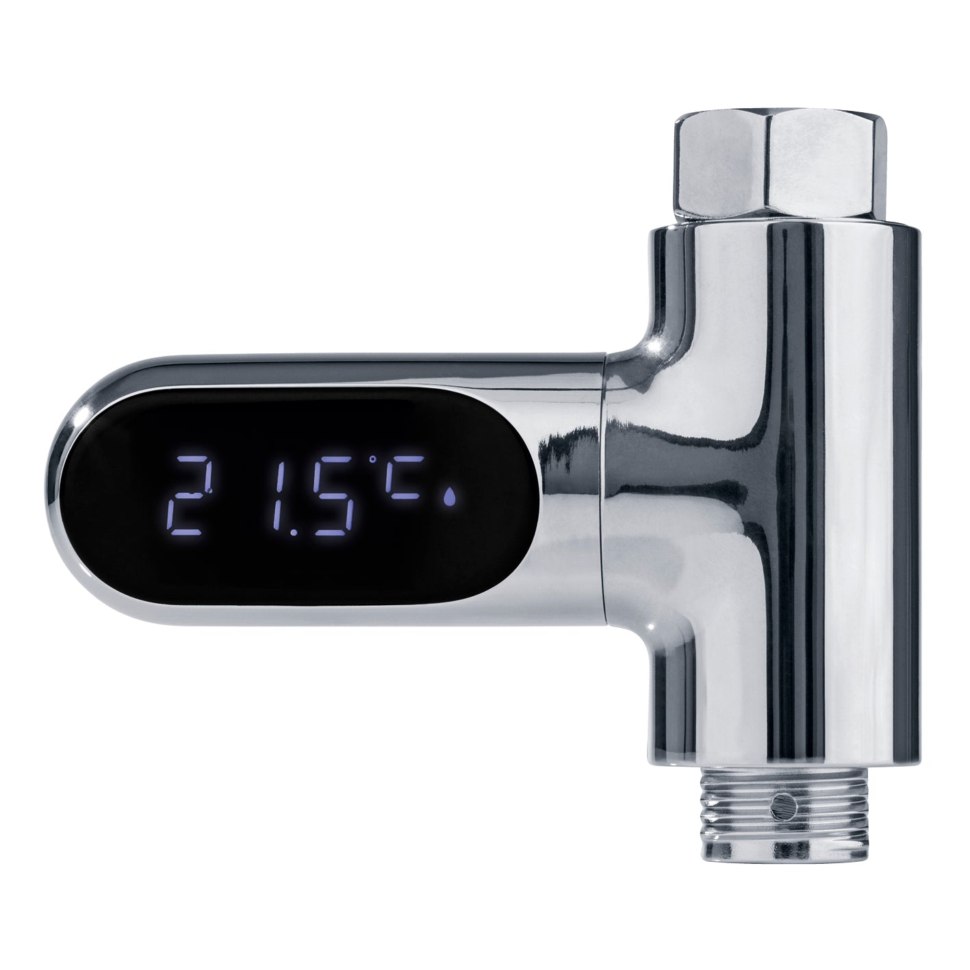 Thermometer für Wasserarmaturen - chromfarben mit LED-Temperaturanzeige und einfacher Montage für genaue Wassertemperaturmessung.