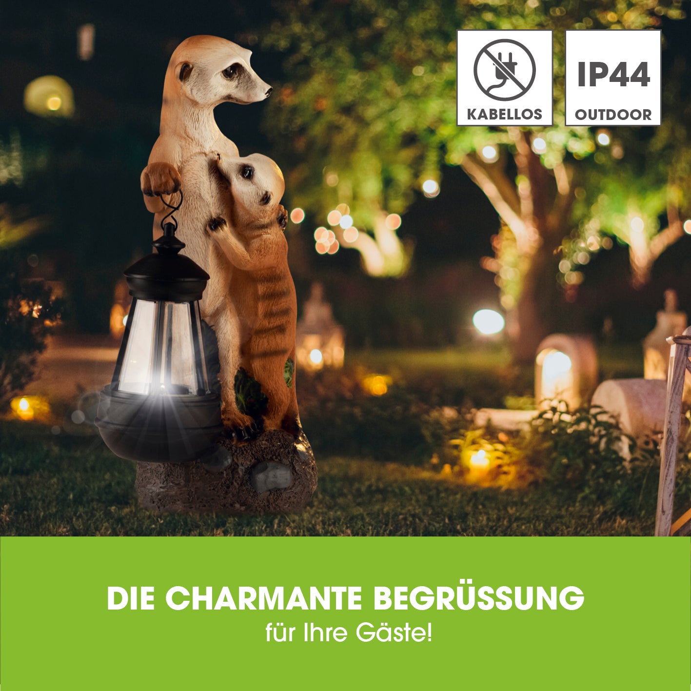 Solar-Erdmännchen-Familie handbemalte Solarleuchte mit Tageslichtsensor, kabellos, bis zu 8 Stunden Leuchtdauer, Outdoor IP44.