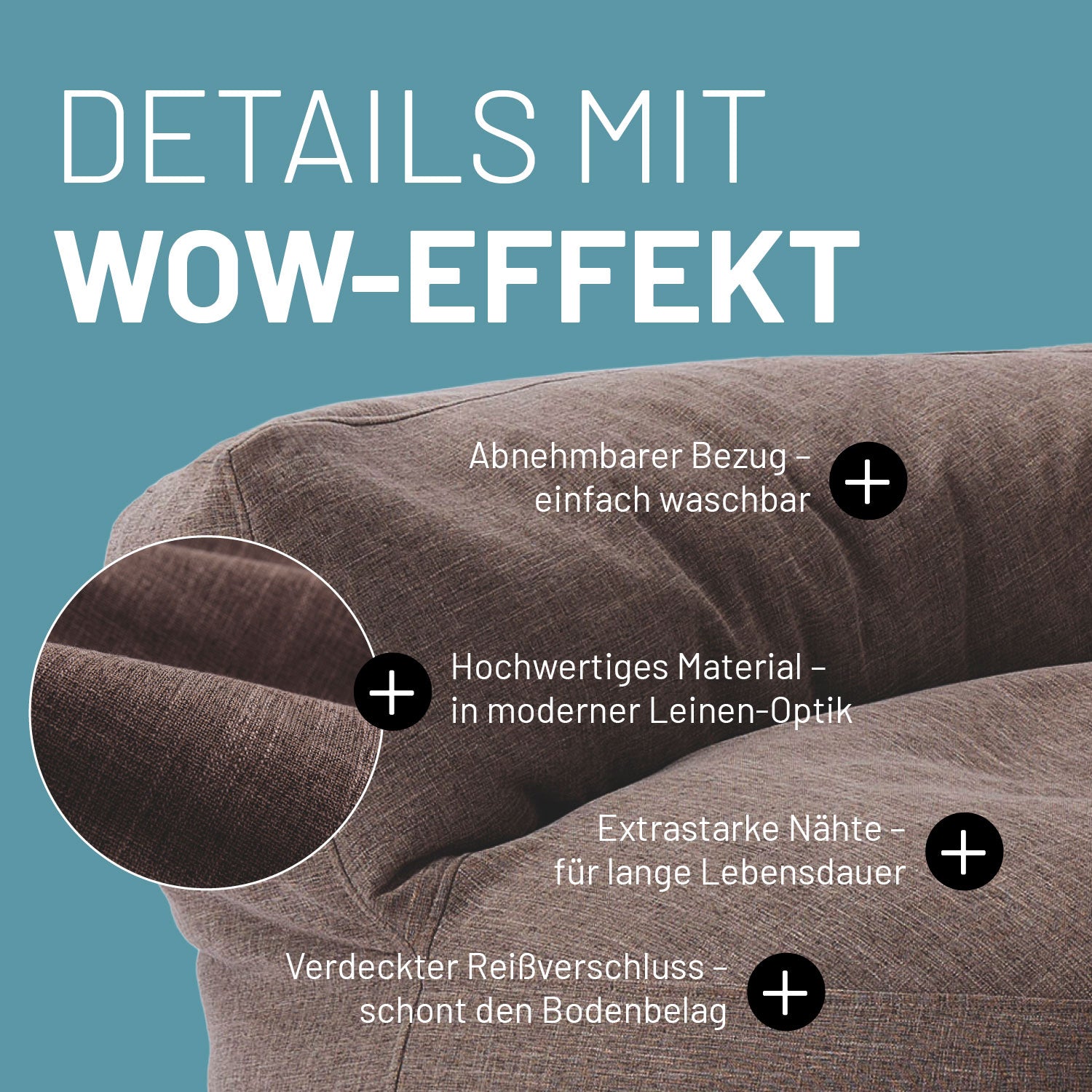 Interior Line Sitzsack-Lounge (320 L) Braun mit abnehmbarem Bezug, Leinen-Optik und extra starken Nähten für langlebigen Komfort.
