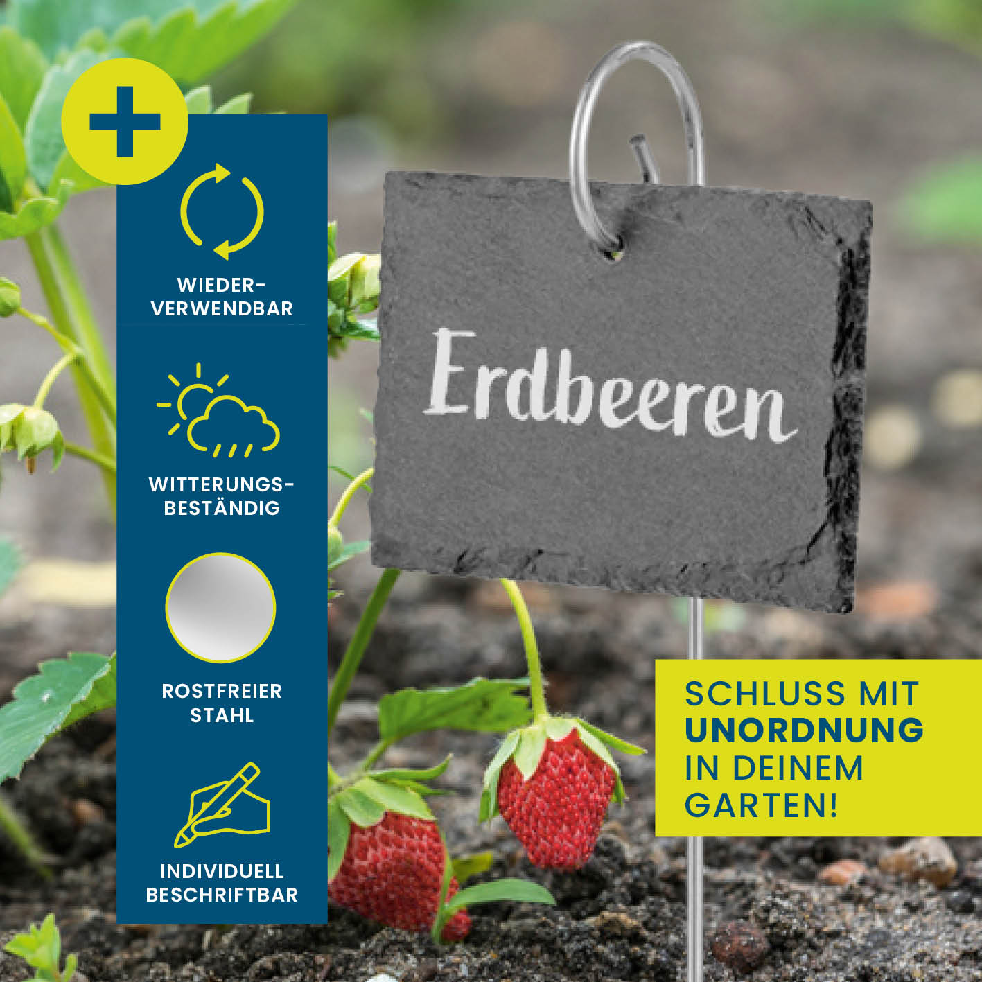 Schiefer-Pflanzschilder 10er Set 10x7x40 cm mit wetterfestem Stahl, wiederverwendbar, individuell beschriftbar für Gartennutzung Erdbeeren.