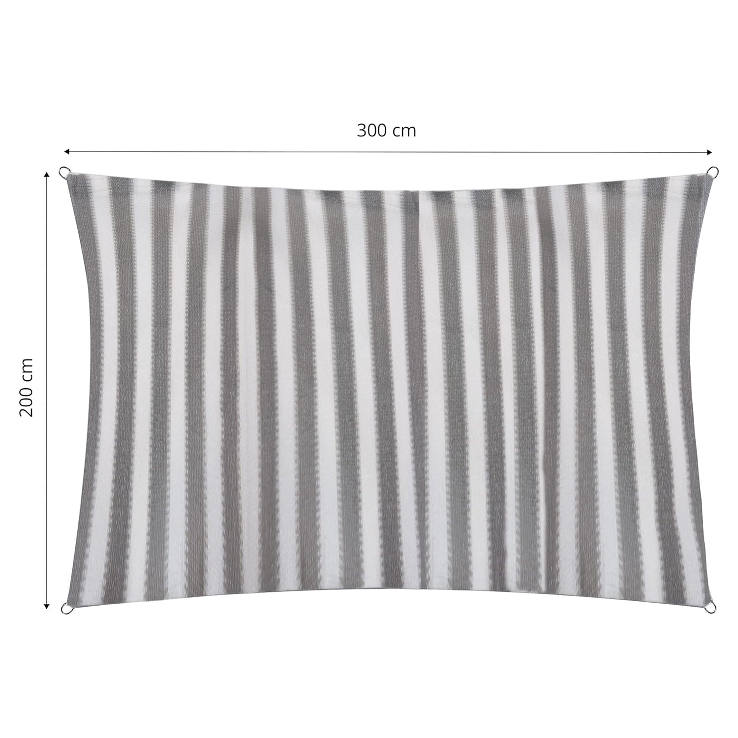 Sonnensegel 100% HDPE mit Stabilisator für UV-Schutz - Rechteck 2 x 3 Meter - Grau/Weiß, mit Befestigungsringen und Streifenmuster.