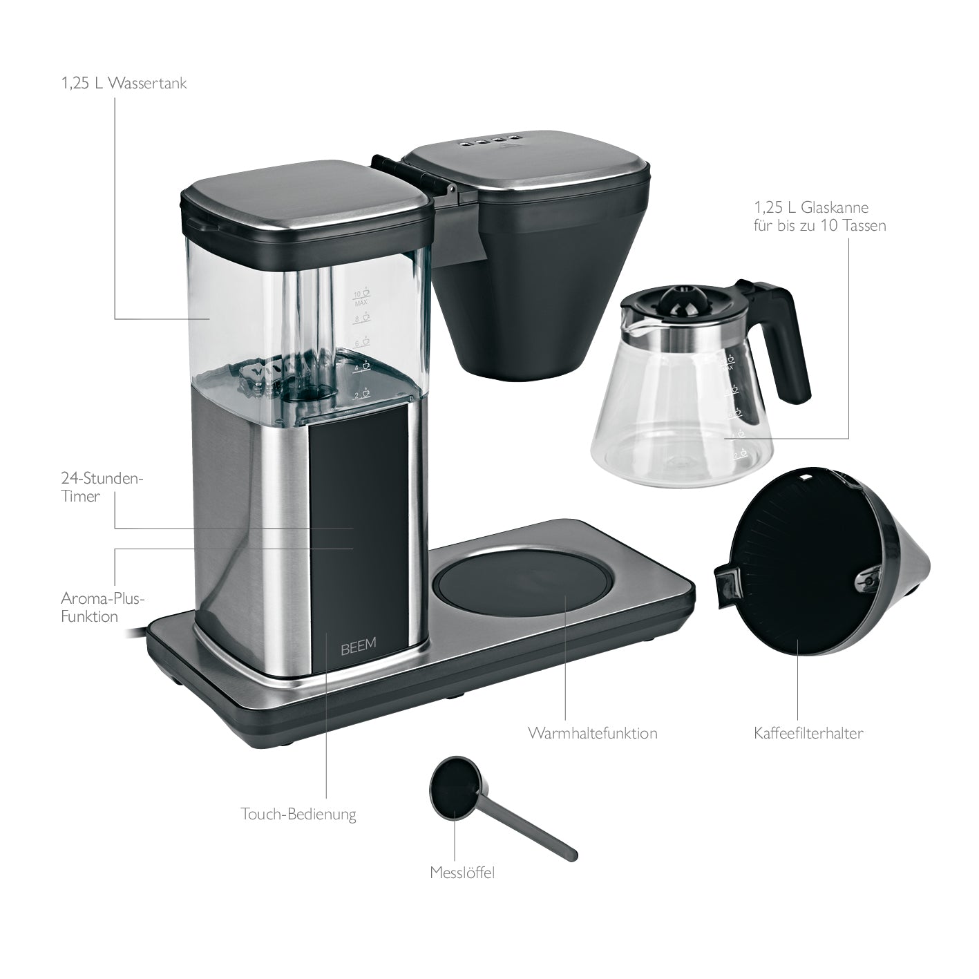DIRECT-BREW Filterkaffeemaschine - Glas mit Aroma-Plus-Funktion, 1,25 l Glaskanne, Touch-Display und Schnell-Brüh-Methode.
